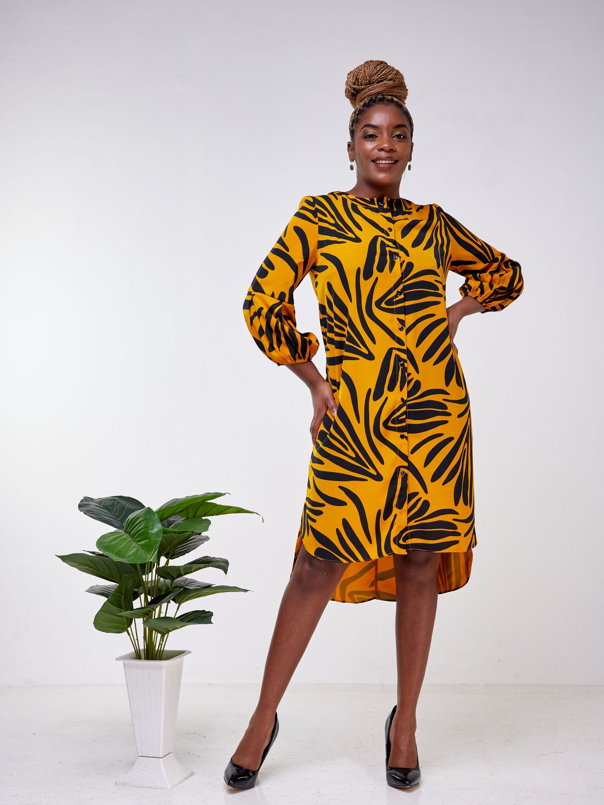 Vivo Imali Bishop Sleeve High Low Knee Length Dress - Black / Mustard Abstract Print