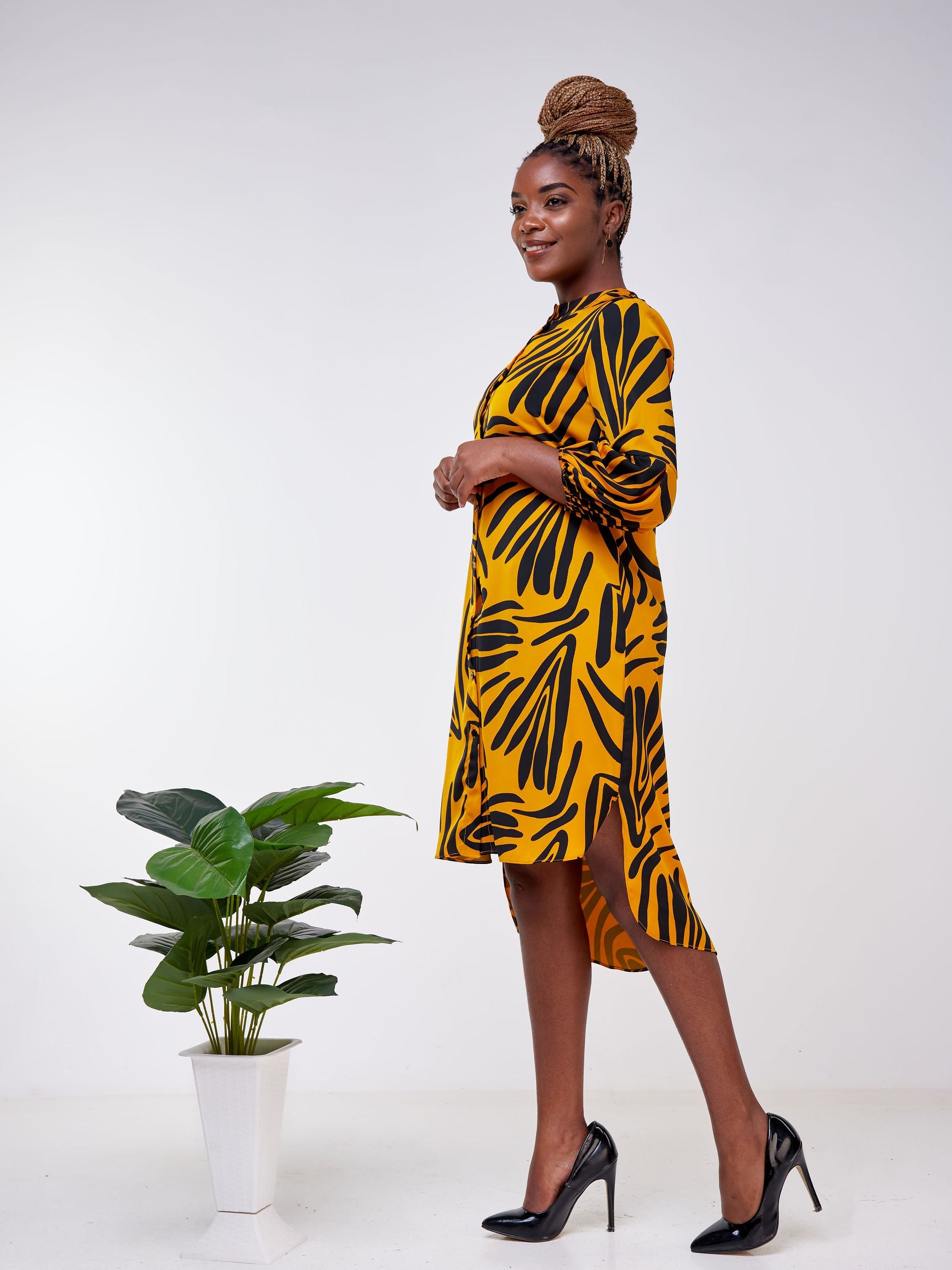 Vivo Imali Bishop Sleeve High Low Knee Length Dress - Black / Mustard Abstract Print