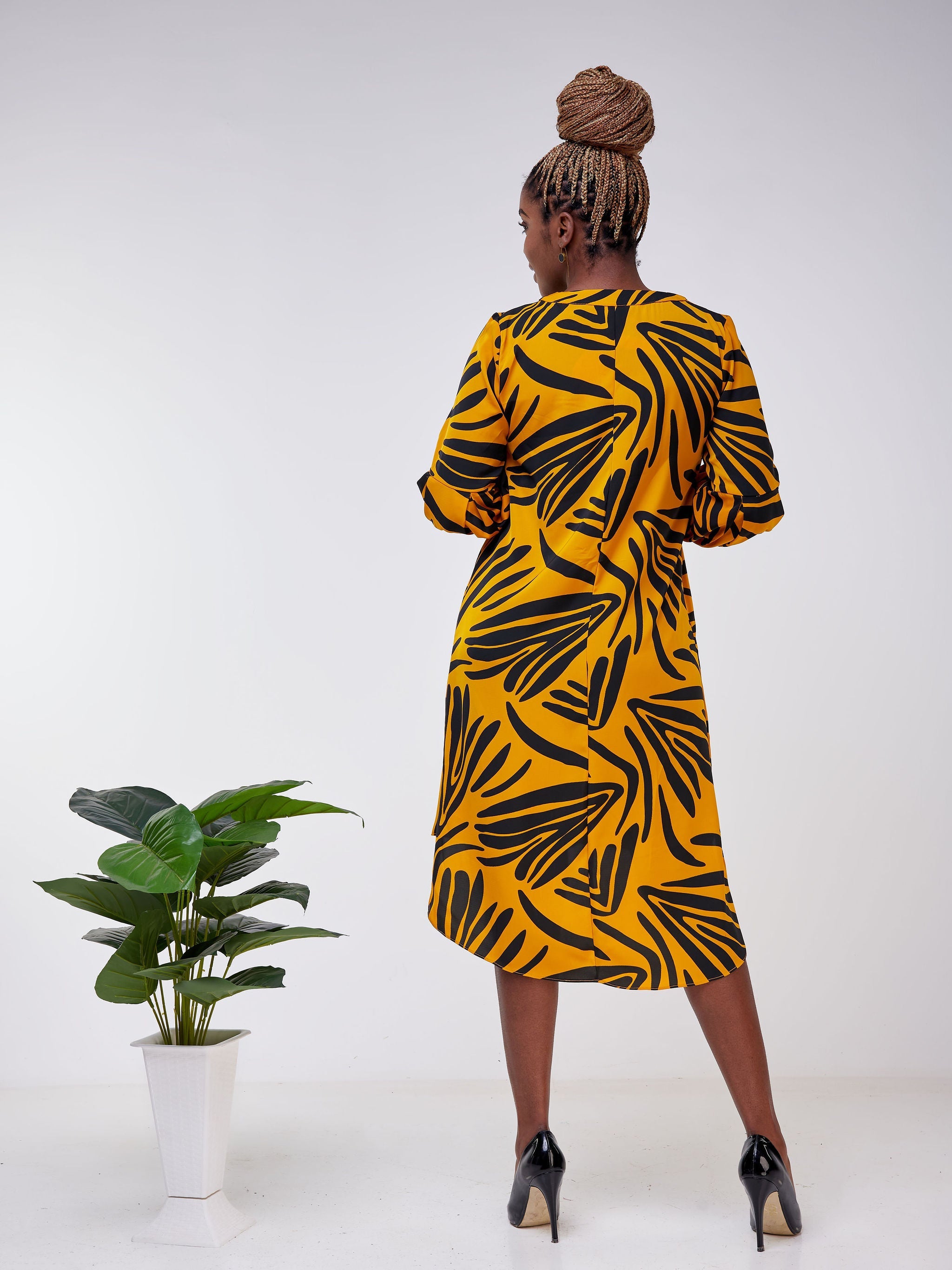 Vivo Imali Bishop Sleeve High Low Knee Length Dress - Black / Mustard Abstract Print