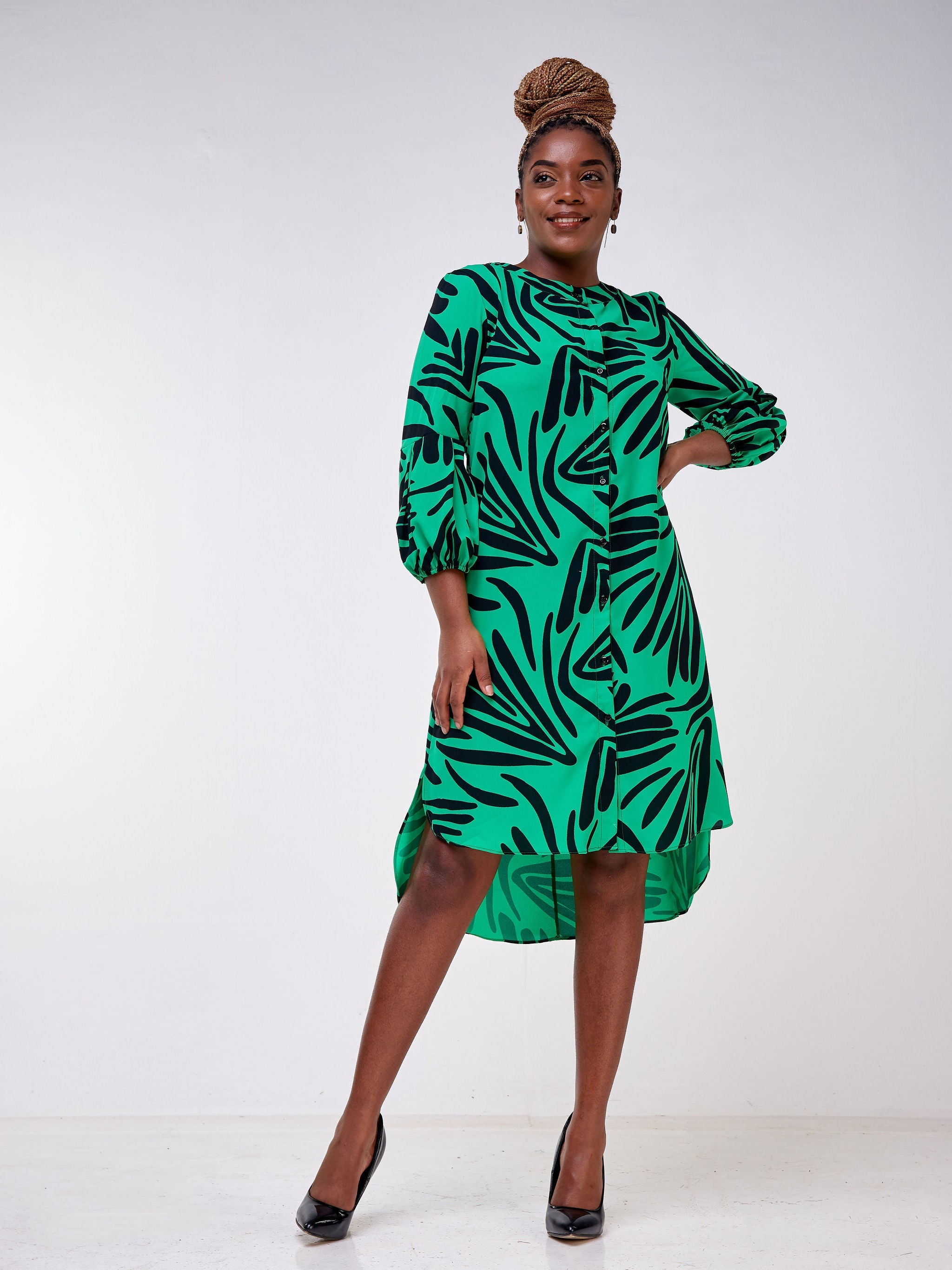 Vivo Imali Bishop Sleeve High Low Knee Length Dress - Green / Black Abstract Print