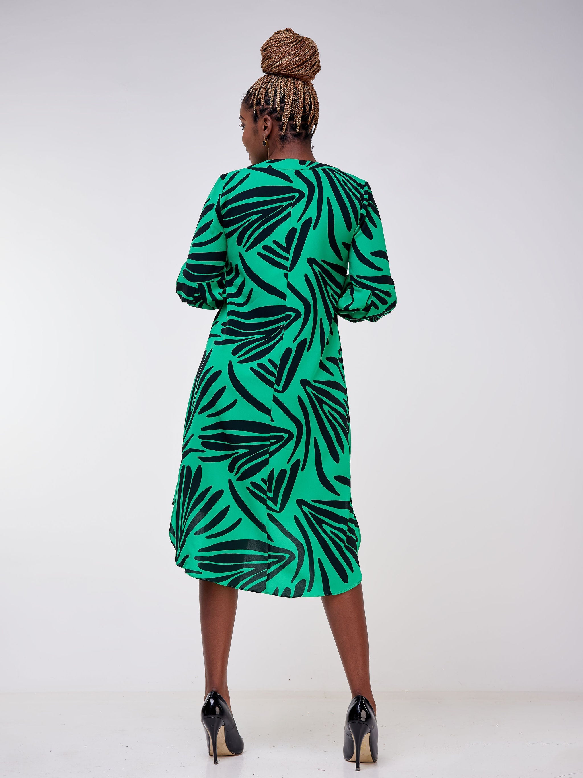 Vivo Imali Bishop Sleeve High Low Knee Length Dress - Green / Black Abstract Print