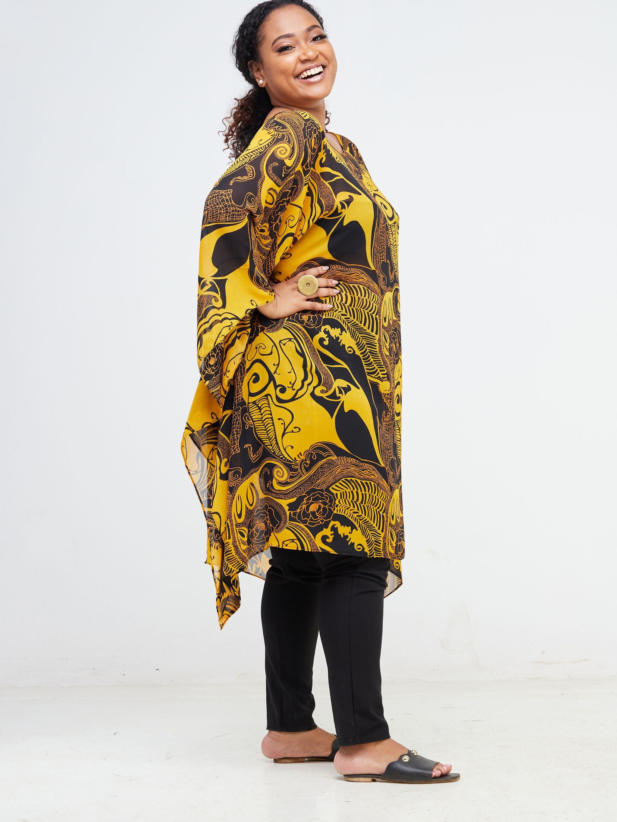 Vivo Basic Destiny Chiffon Top - Mustard / Black Floral Print