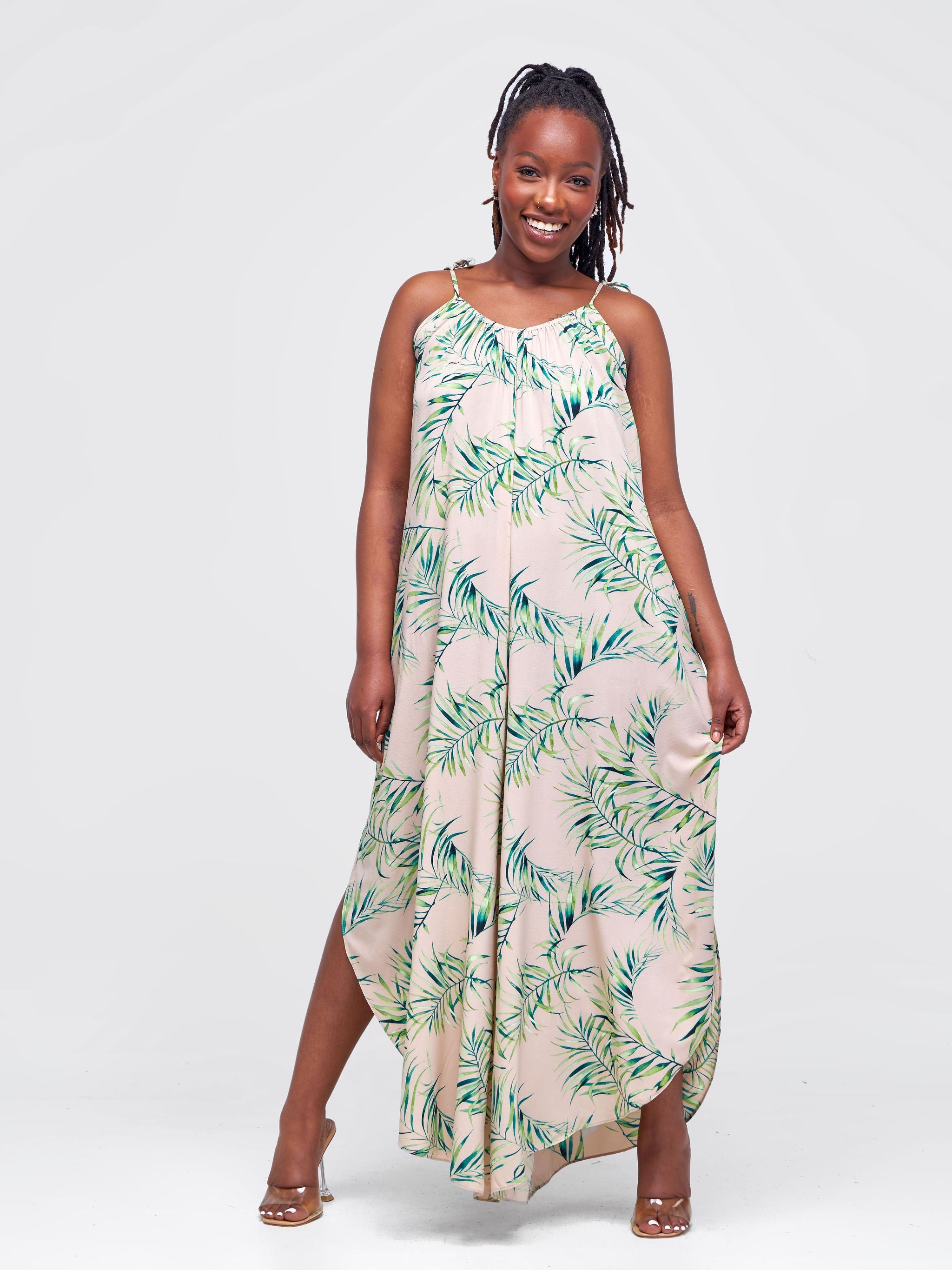 Vivo Maisha Strappy Culotte Jumpsuit - Taupe / Green Leaf Print