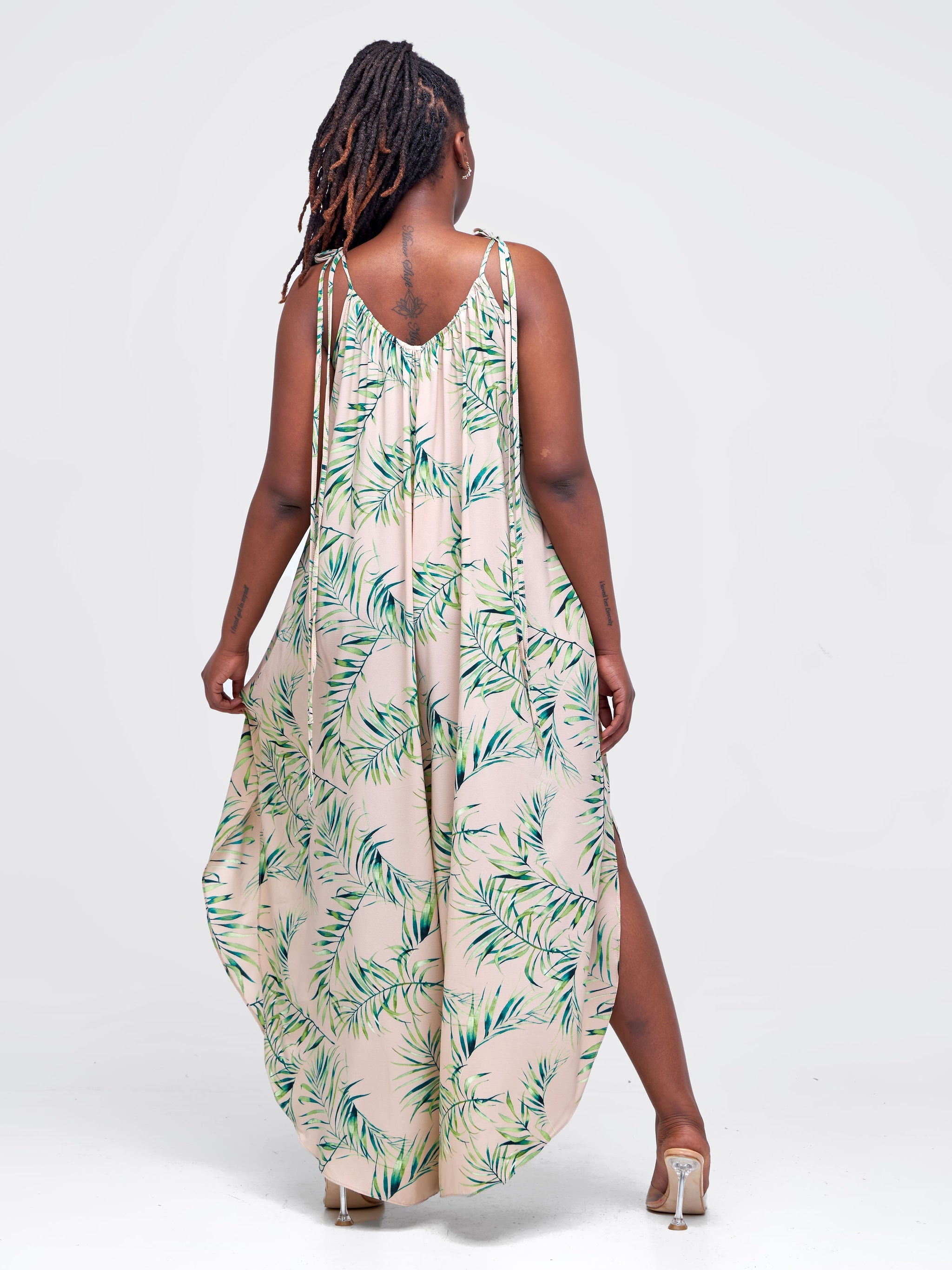 Vivo Maisha Strappy Culotte Jumpsuit - Taupe / Green Leaf Print