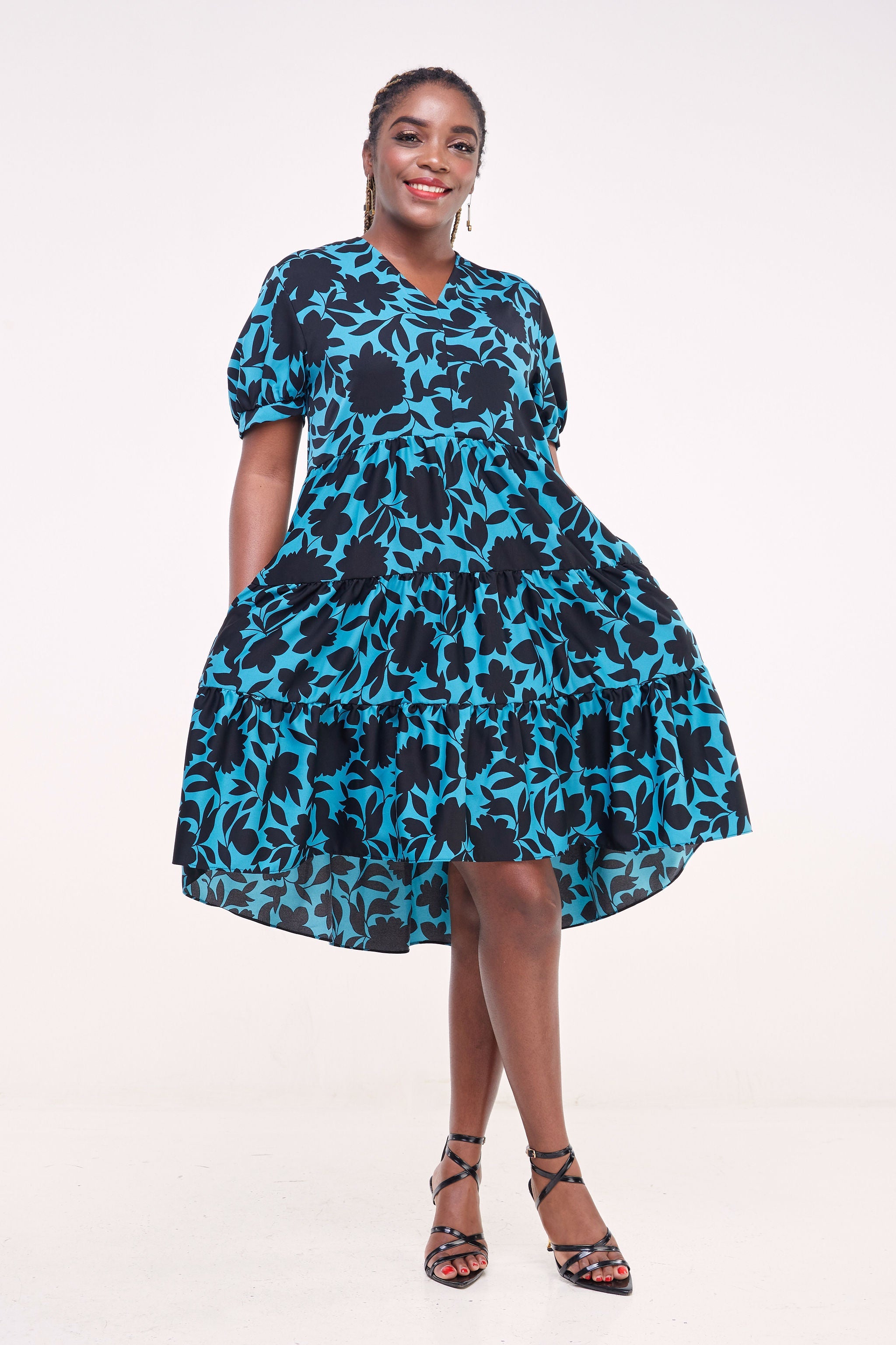 Vivo Wingu Three Tiered Knee Length Dress - Teal / Black Floral Print