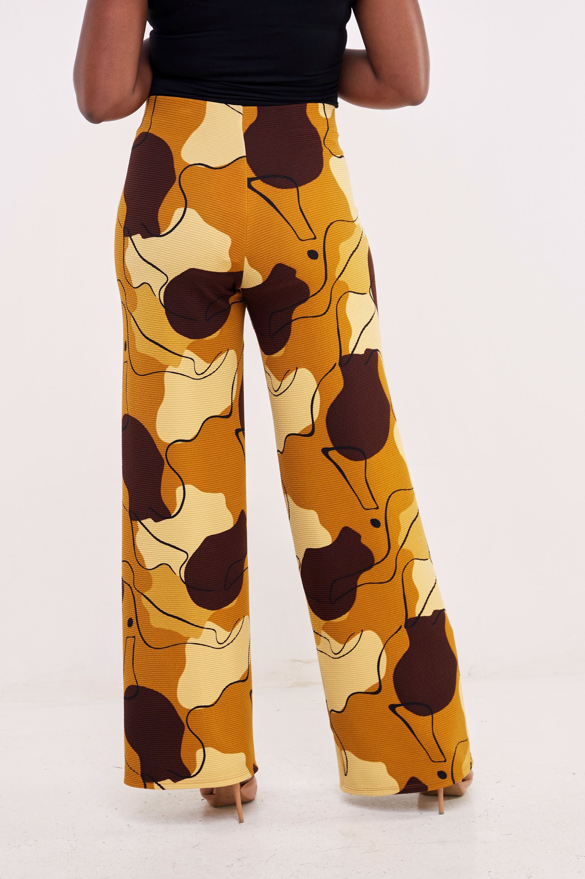 Vivo Basic Palazzo Pants  - Mustard / Brown Abstract Print