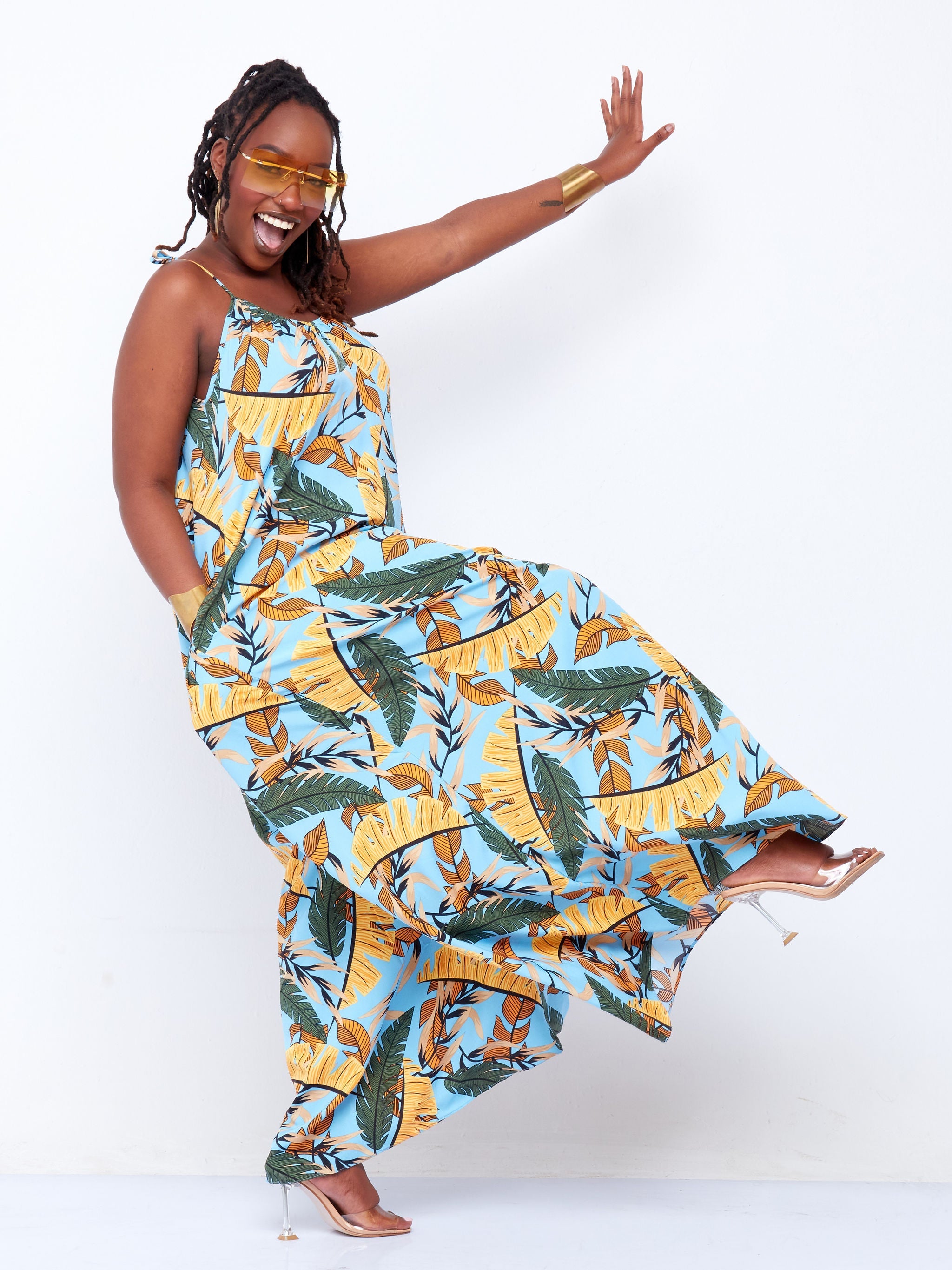 Vivo Diani Strappy Jumpsuit - Blue Floral Print