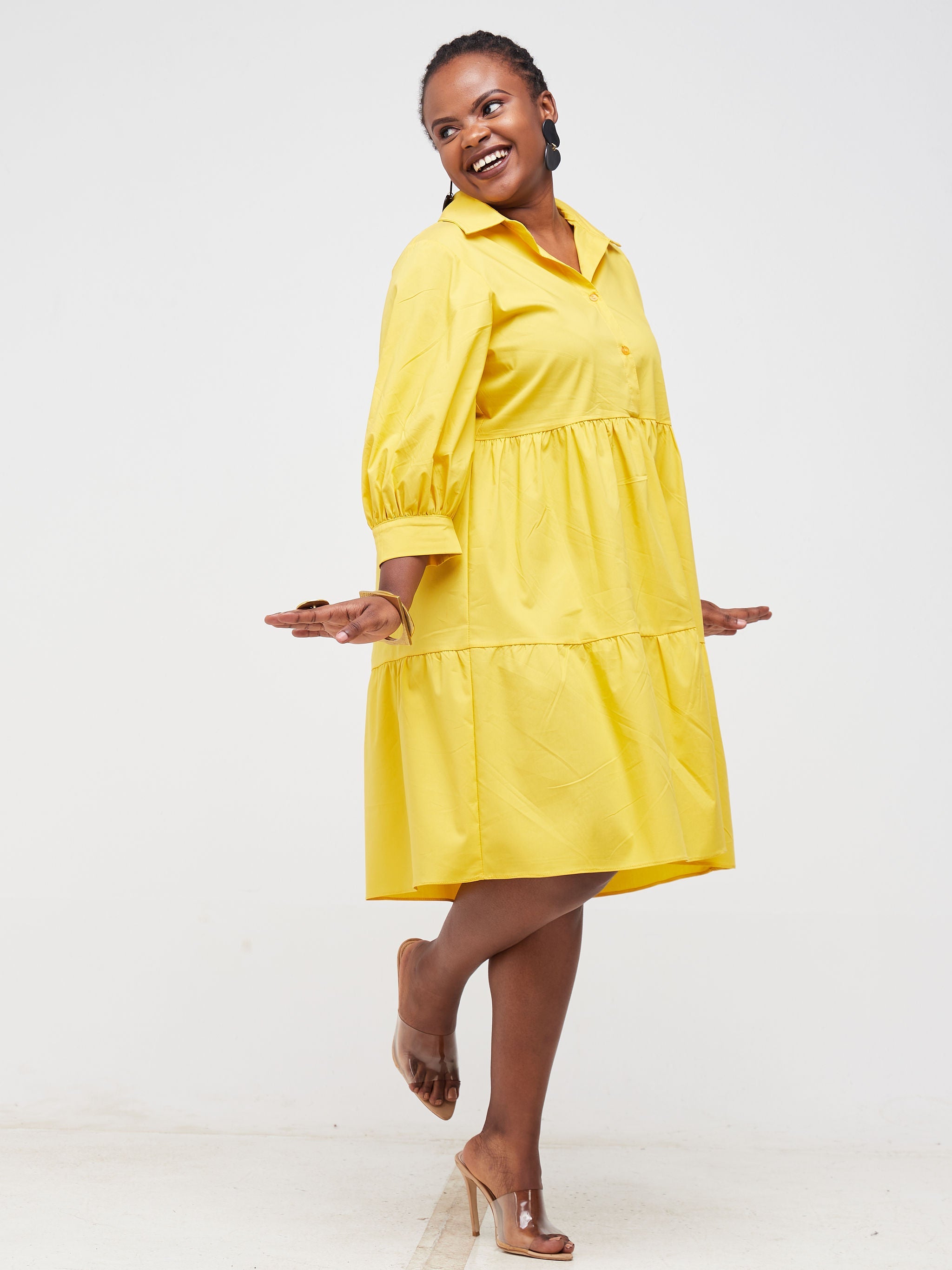 Safari Tawi Shirt Collar Bishop Sleeve Tiered Dress - Mustard