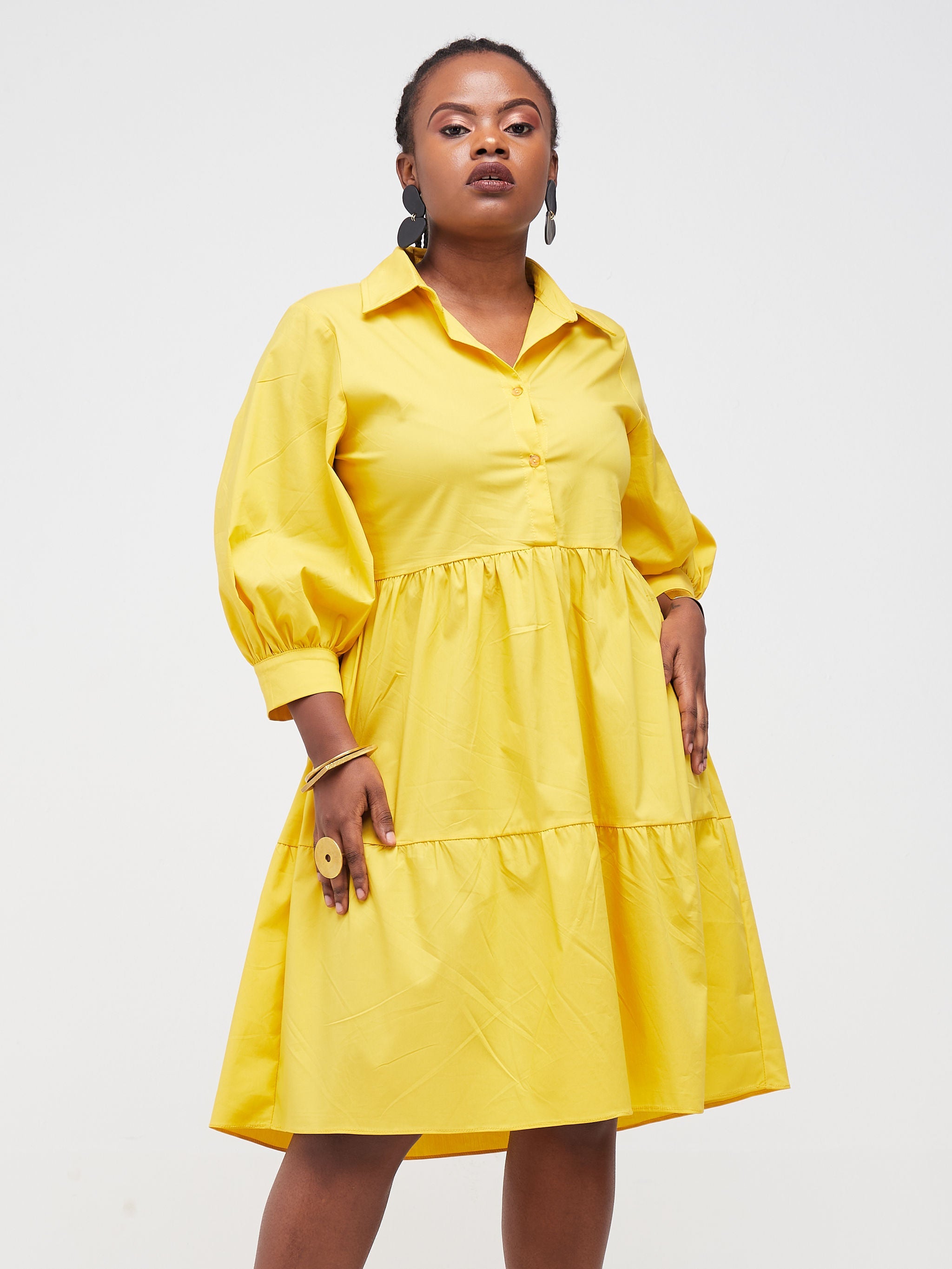 Safari Tawi Shirt Collar Bishop Sleeve Tiered Dress - Mustard