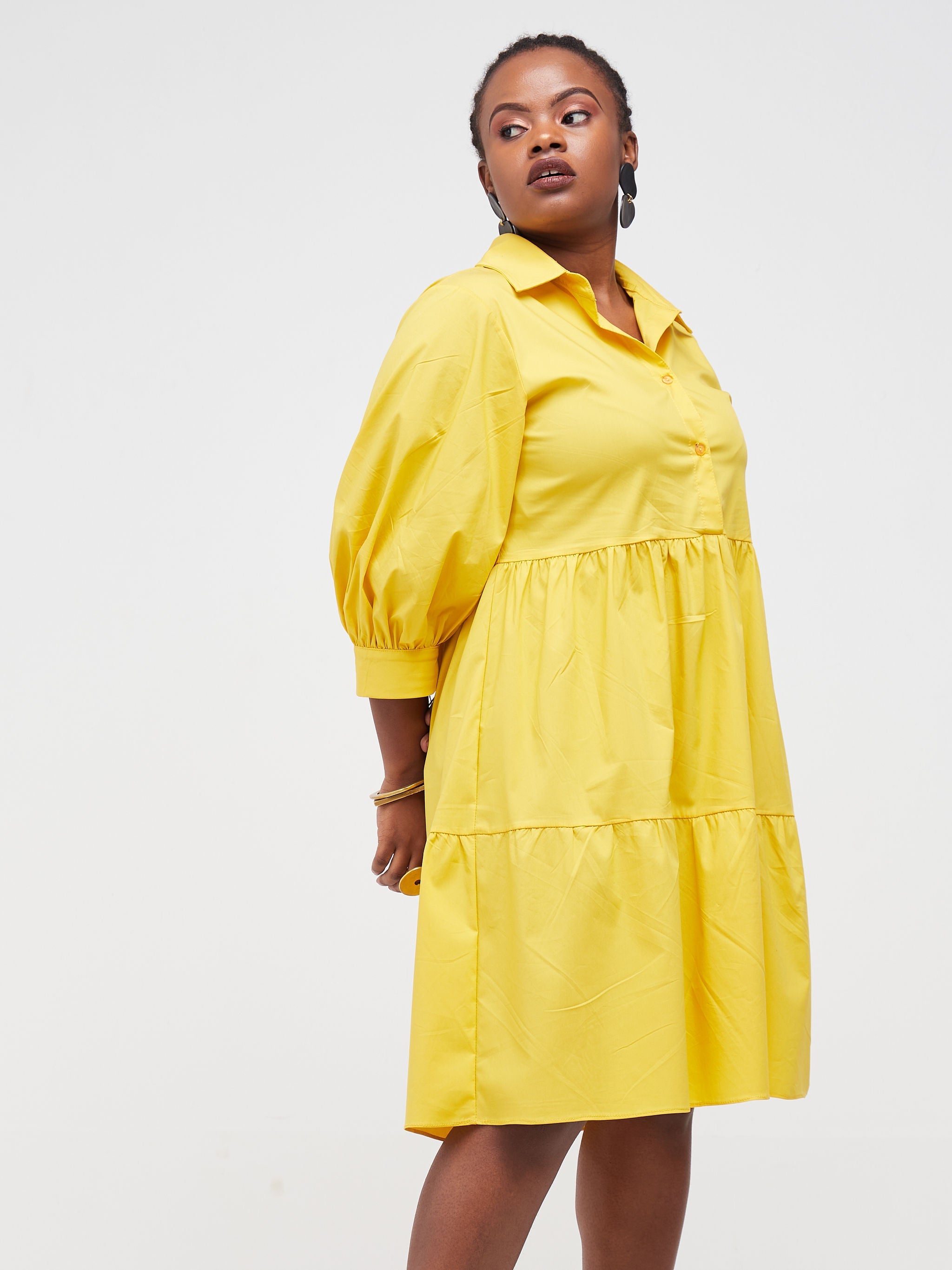 Safari Tawi Shirt Collar Bishop Sleeve Tiered Dress - Mustard