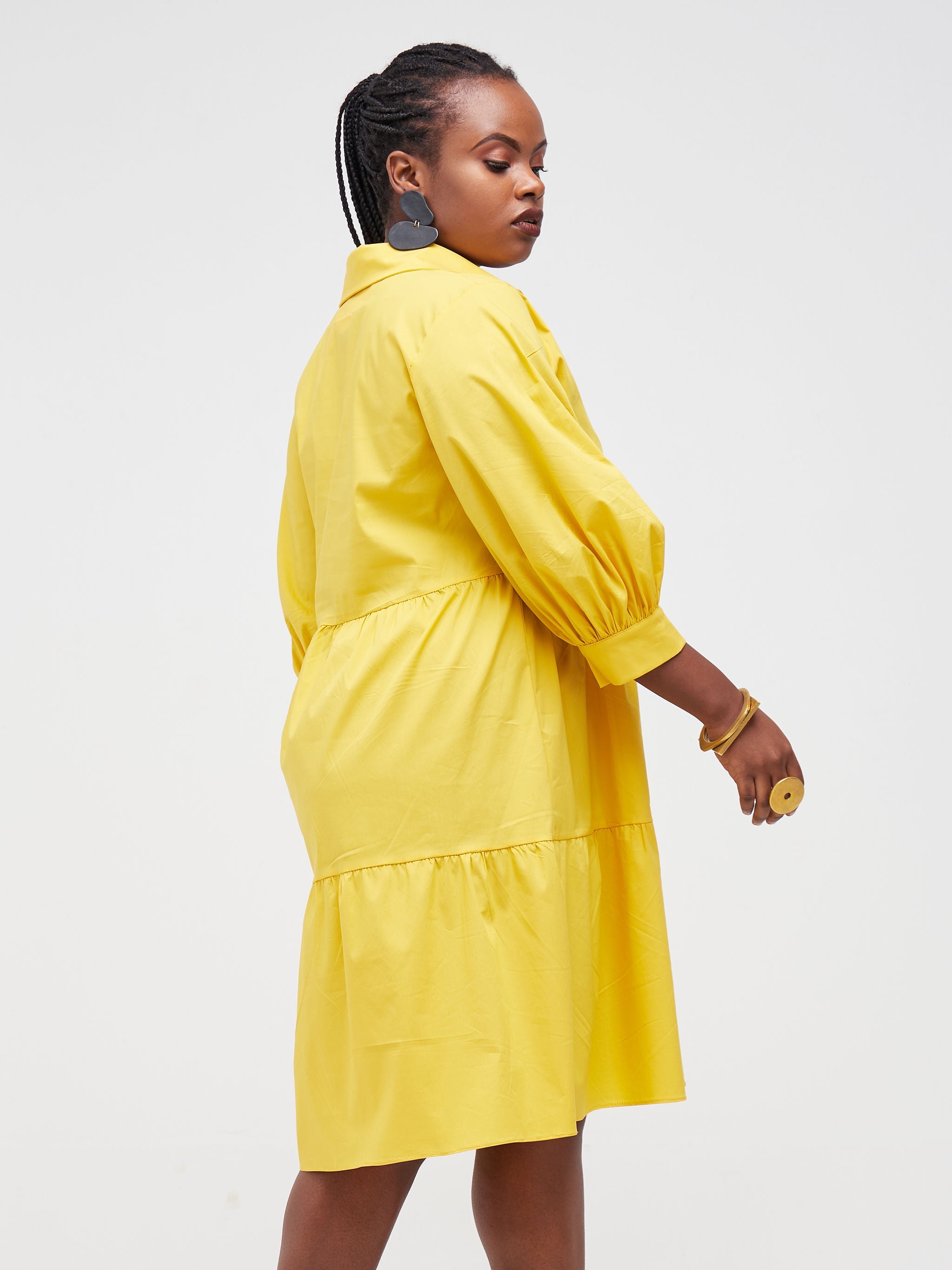 Safari Tawi Shirt Collar Bishop Sleeve Tiered Dress - Mustard