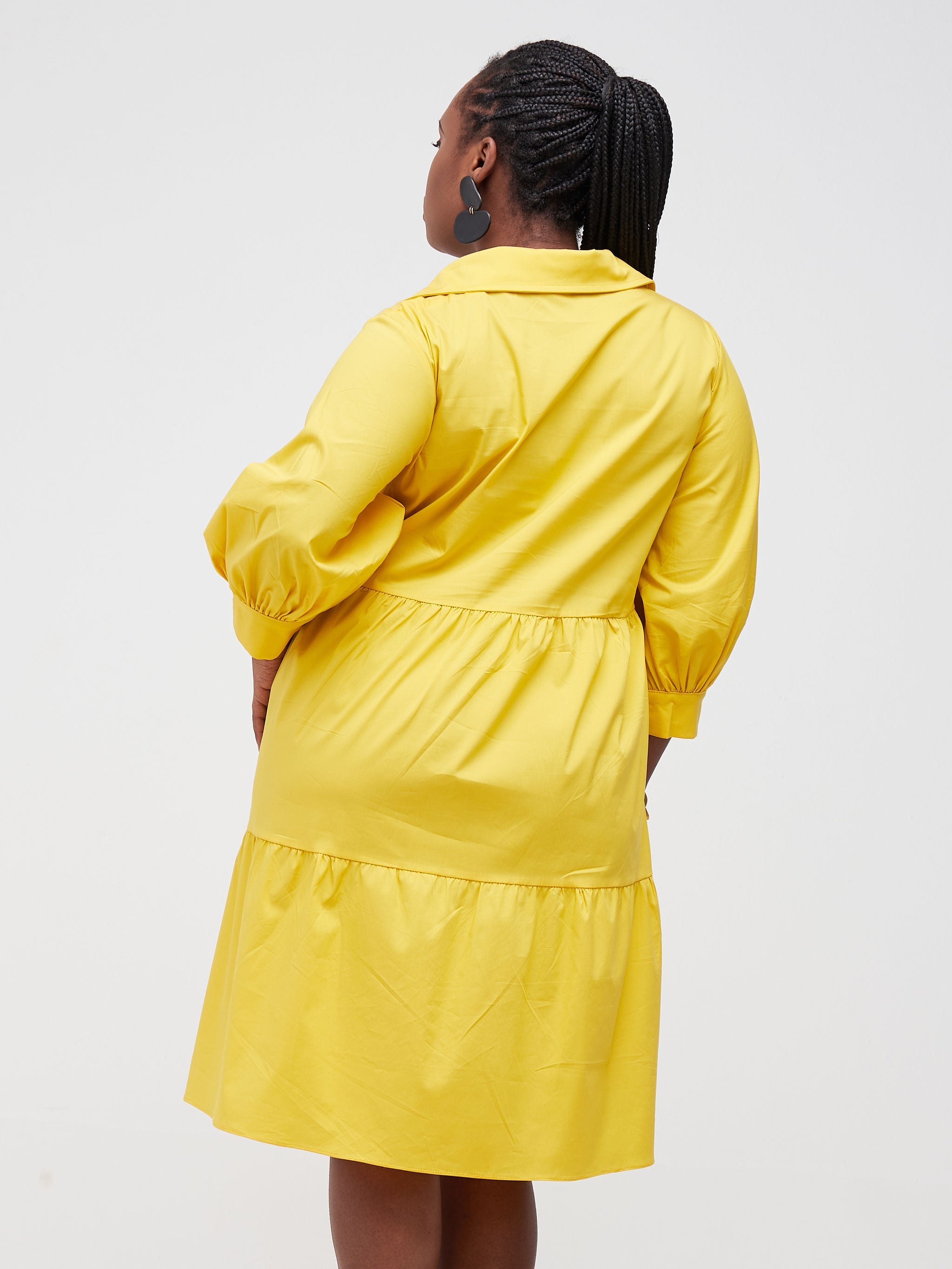 Safari Tawi Shirt Collar Bishop Sleeve Tiered Dress - Mustard