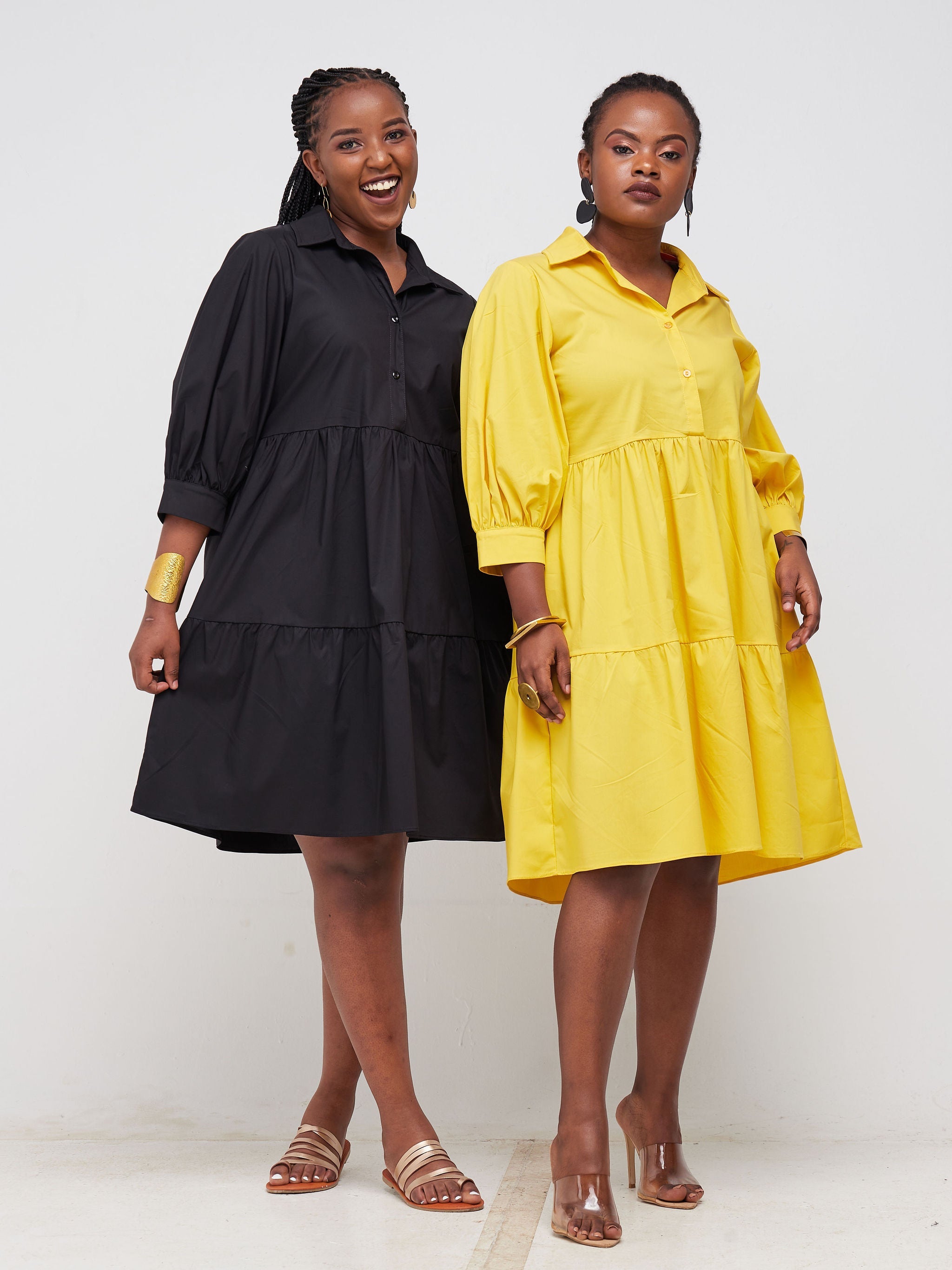 Safari Tawi Shirt Collar Bishop Sleeve Tiered Dress - Mustard