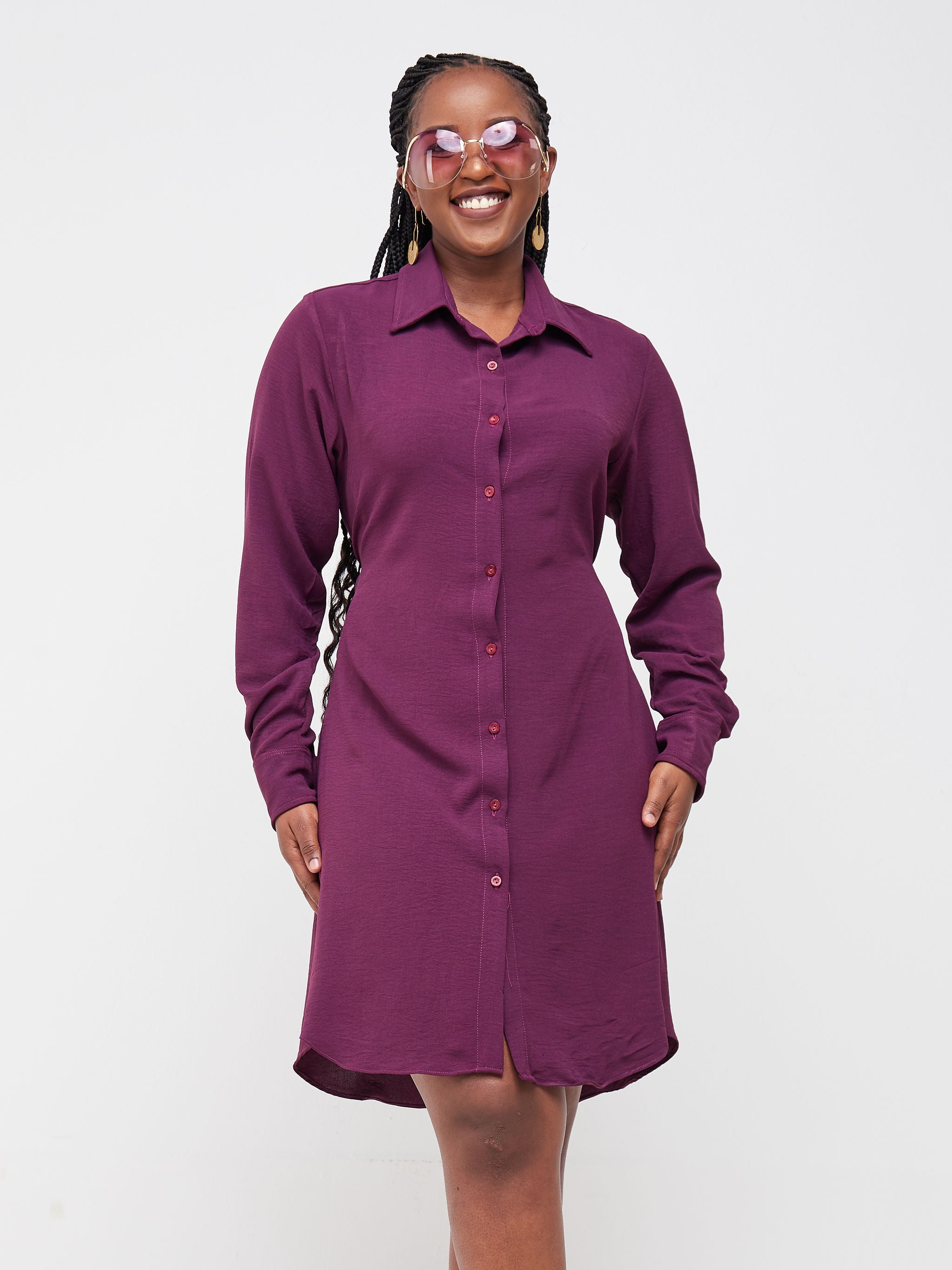 Vivo Tunu Long Sleeve Knee Length Shirt Dress - Purple