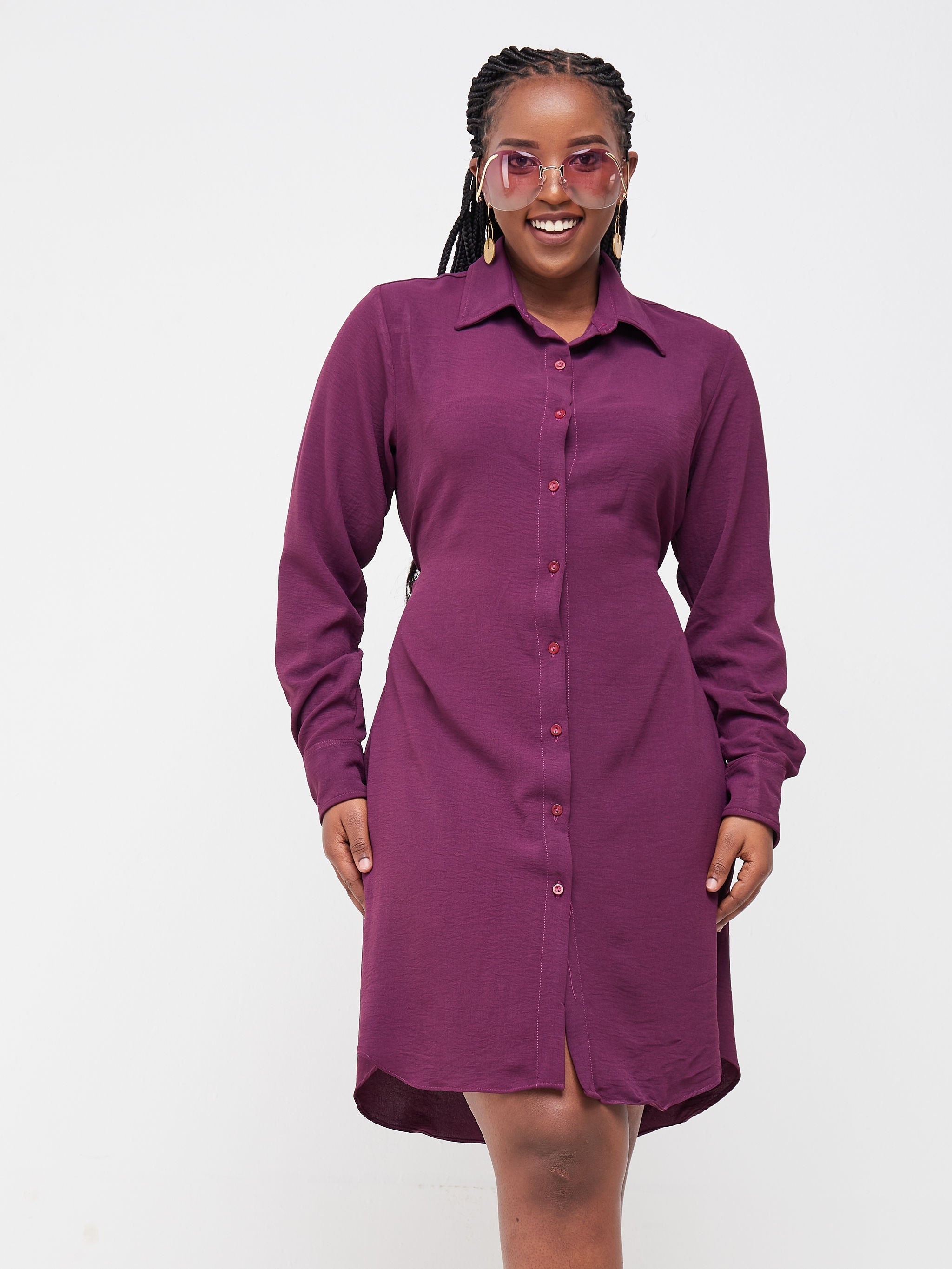 Vivo Tunu Long Sleeve Knee Length Shirt Dress - Purple