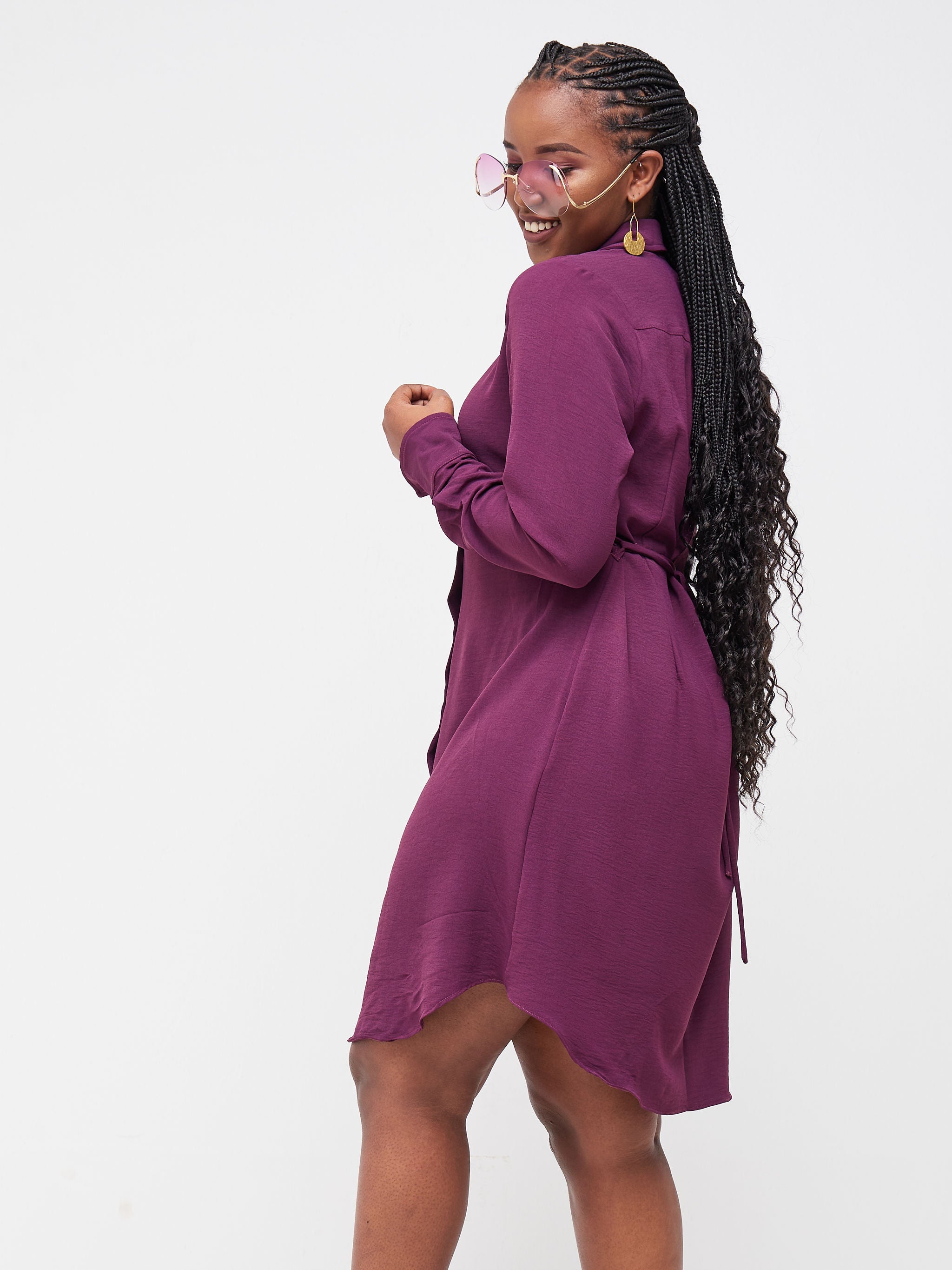 Vivo Tunu Long Sleeve Knee Length Shirt Dress - Purple