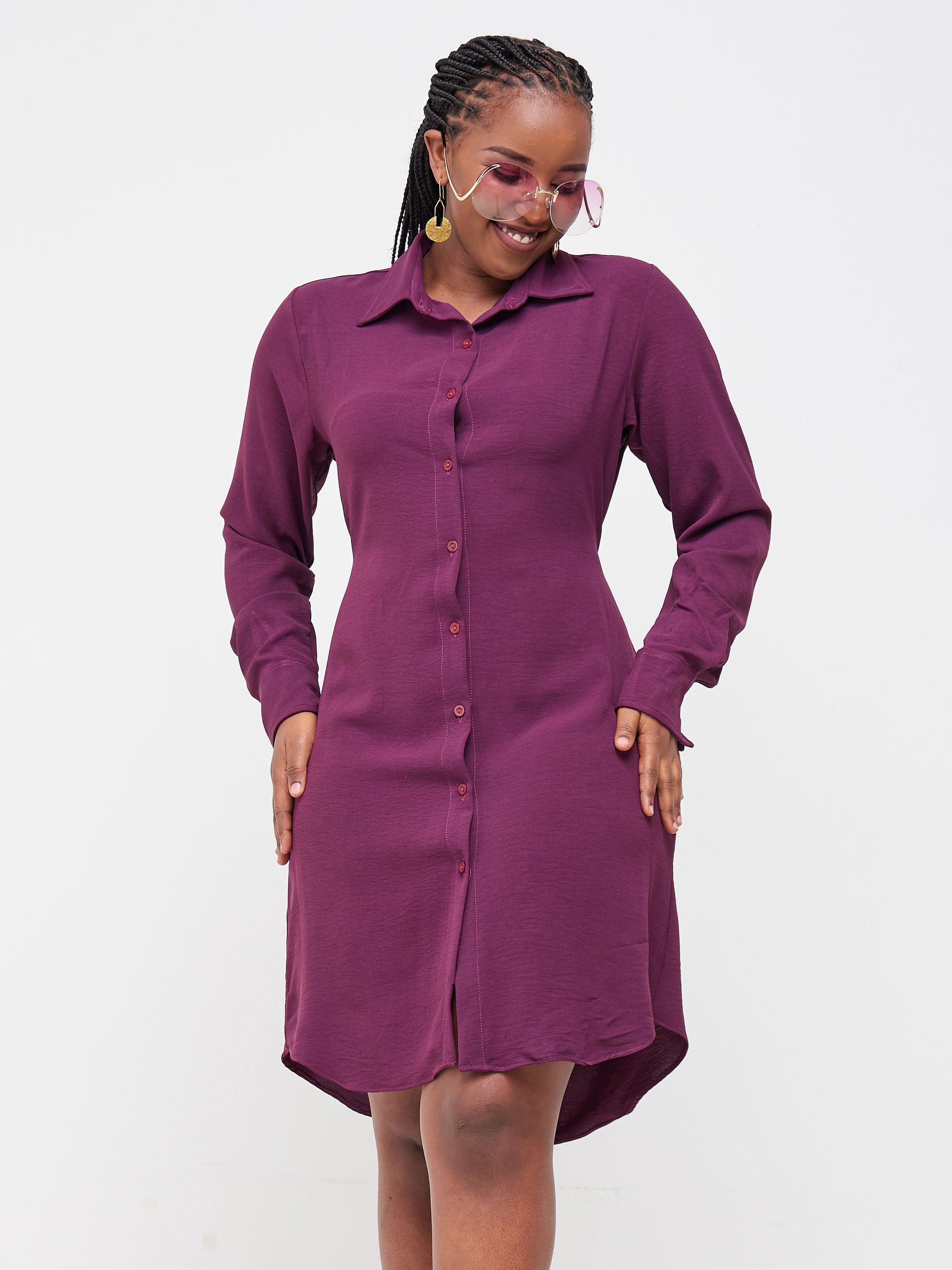 Vivo Tunu Long Sleeve Knee Length Shirt Dress - Purple