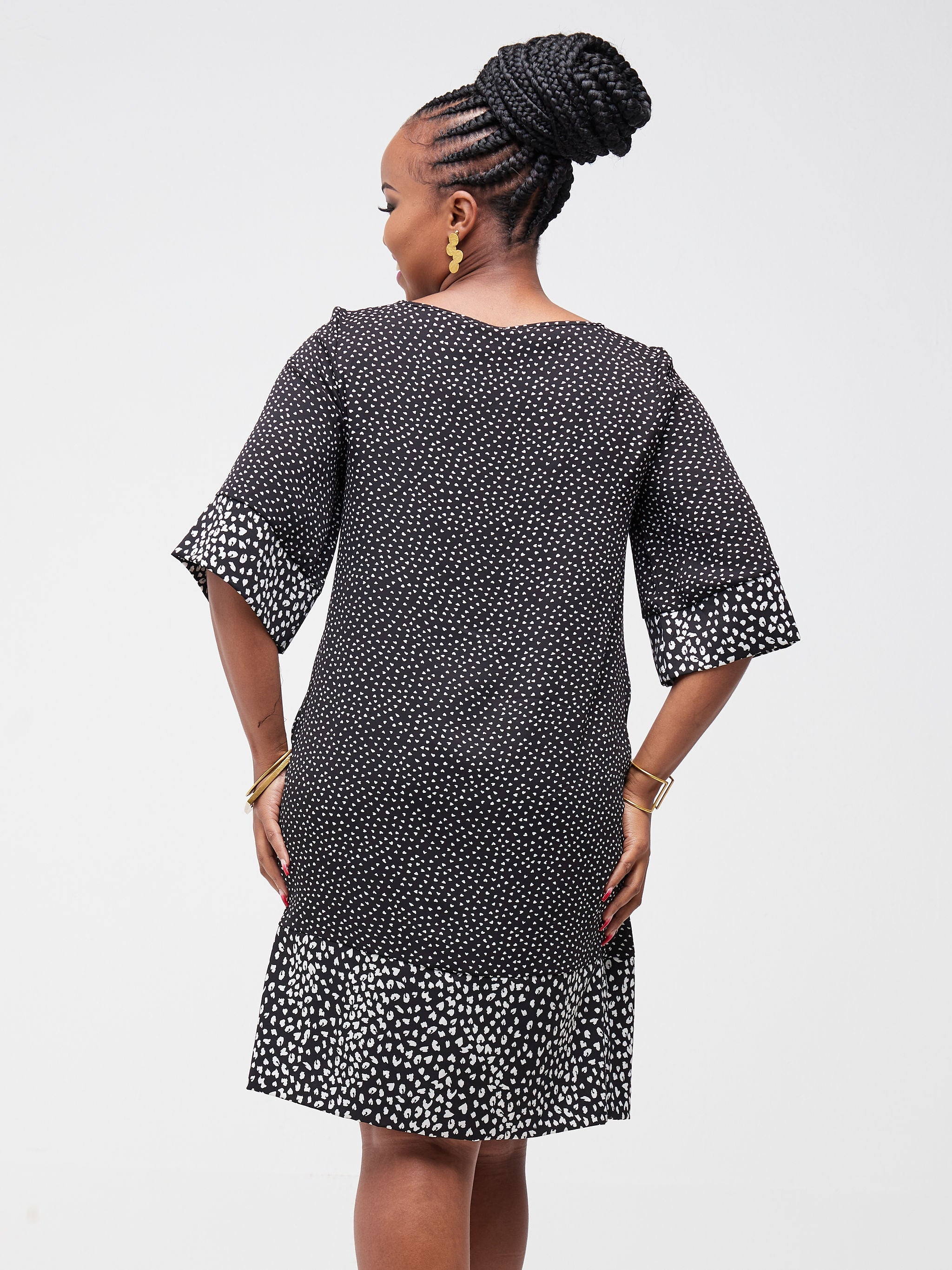 Vivo Zuri 3/4 Sleeved A-Line Dress - Black / White Love Heart + Black / White Abstract Print