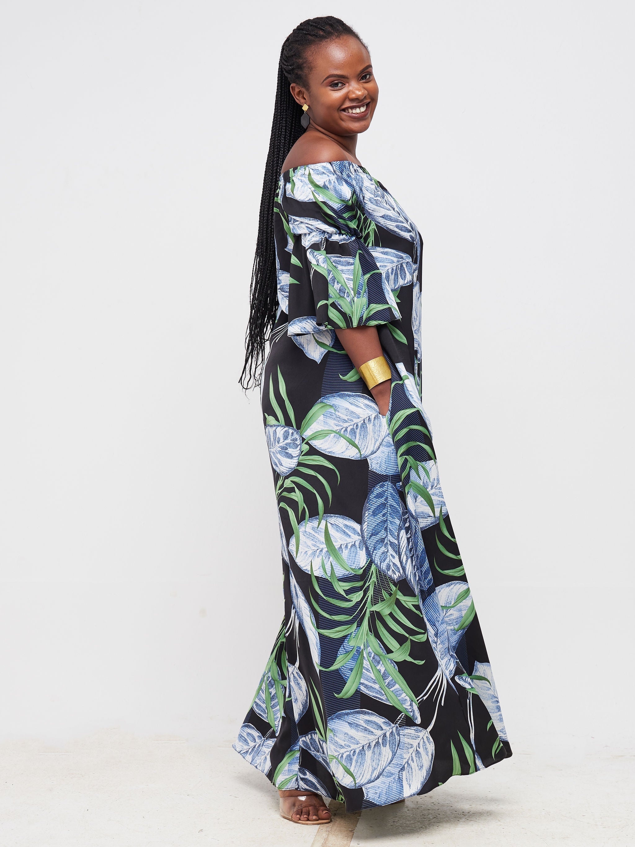 Vivo Tana Off Shoulder Maxi Dress - Navy Blue Floral