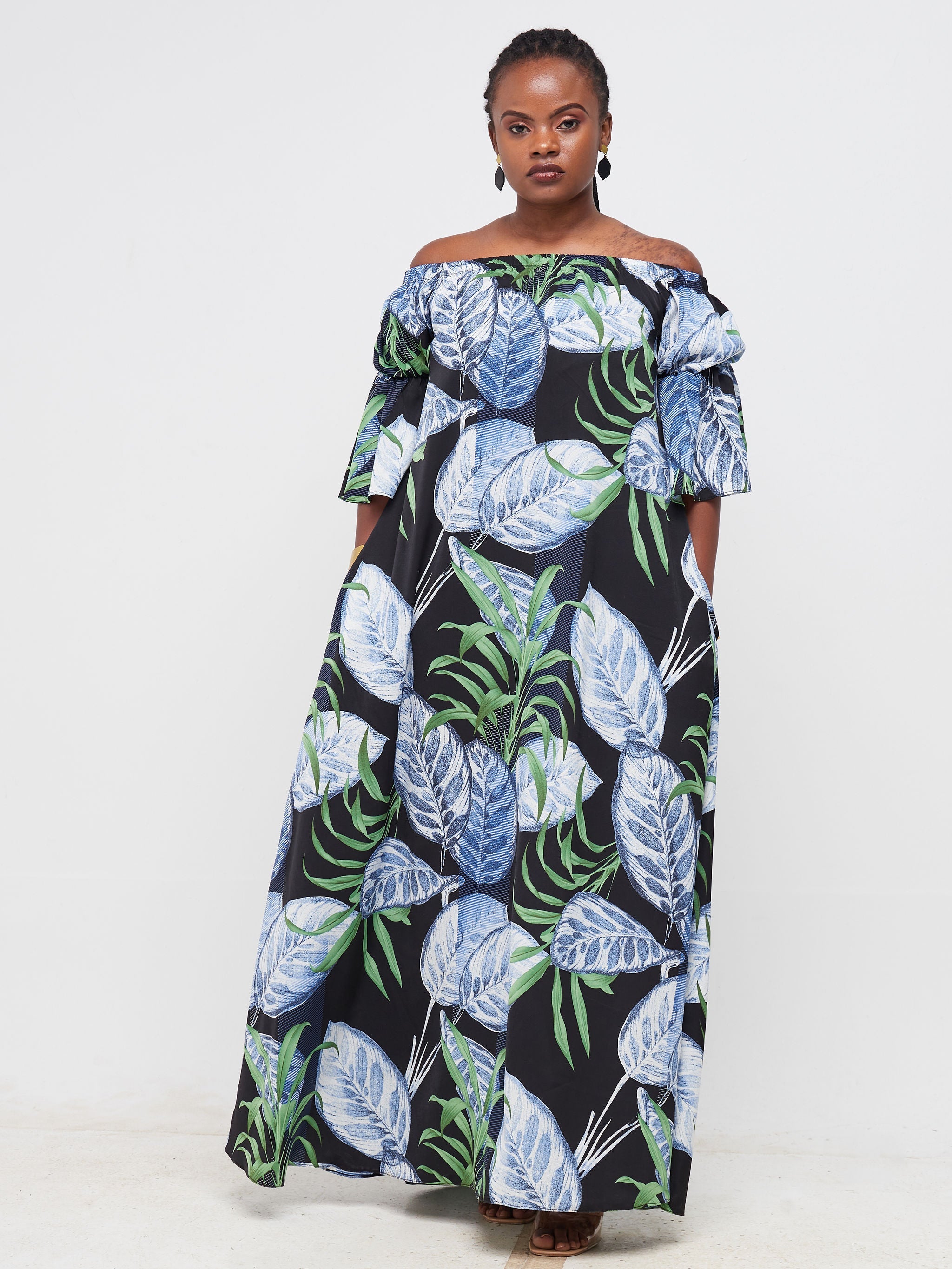 Vivo Tana Off Shoulder Maxi Dress - Navy Blue Floral