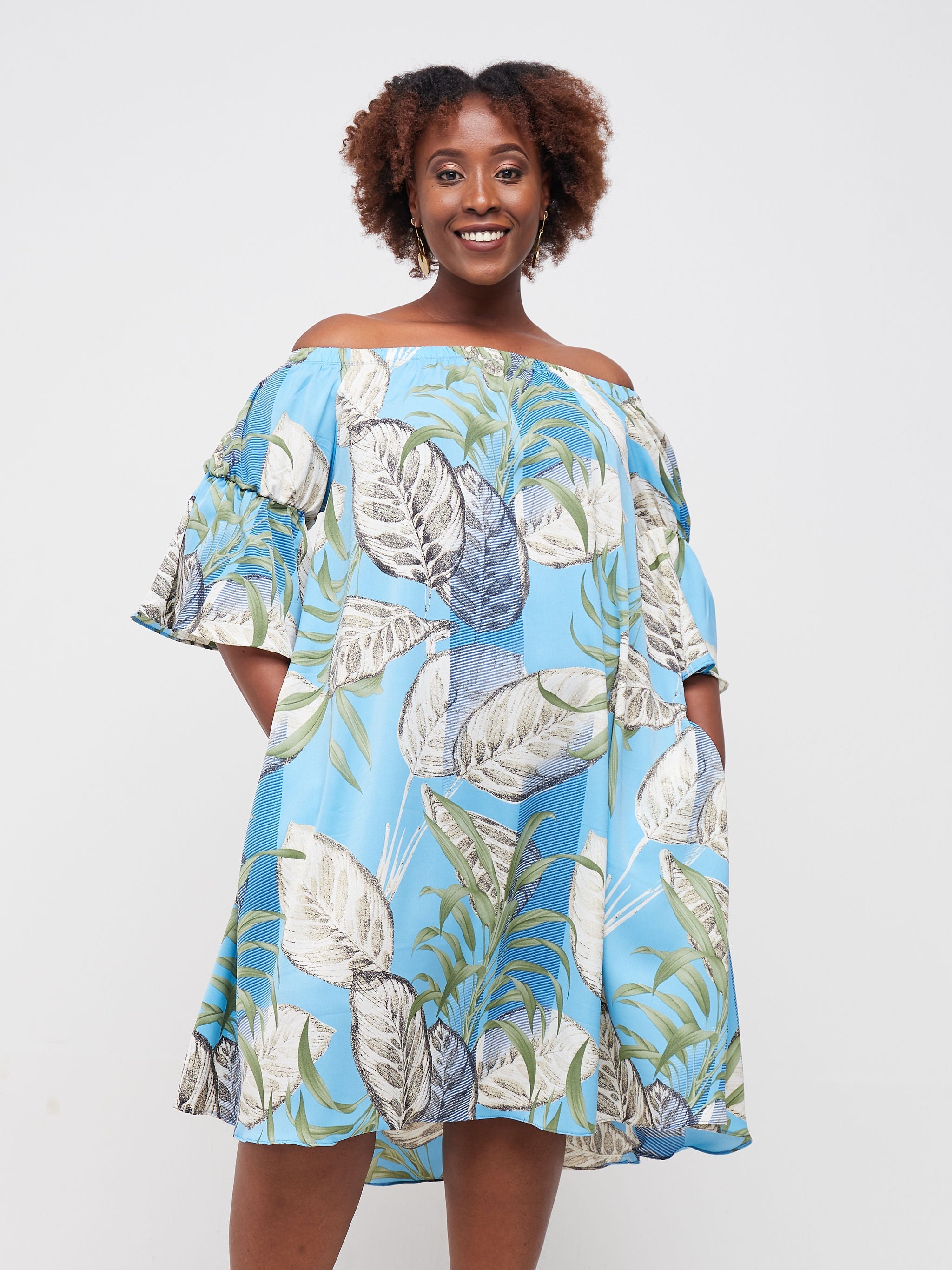 Vivo Tana Off Shoulder Knee Length Dress - Light Blue Floral Print