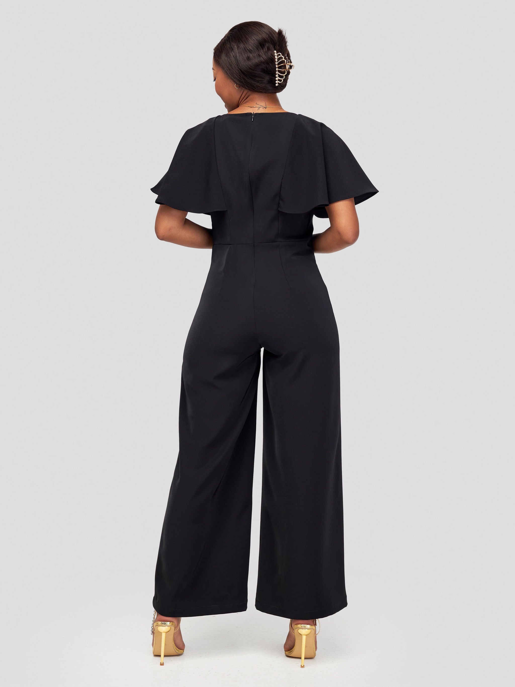 Vivo Sani Cape Sleeve V-Neck Jumpsuit - Black