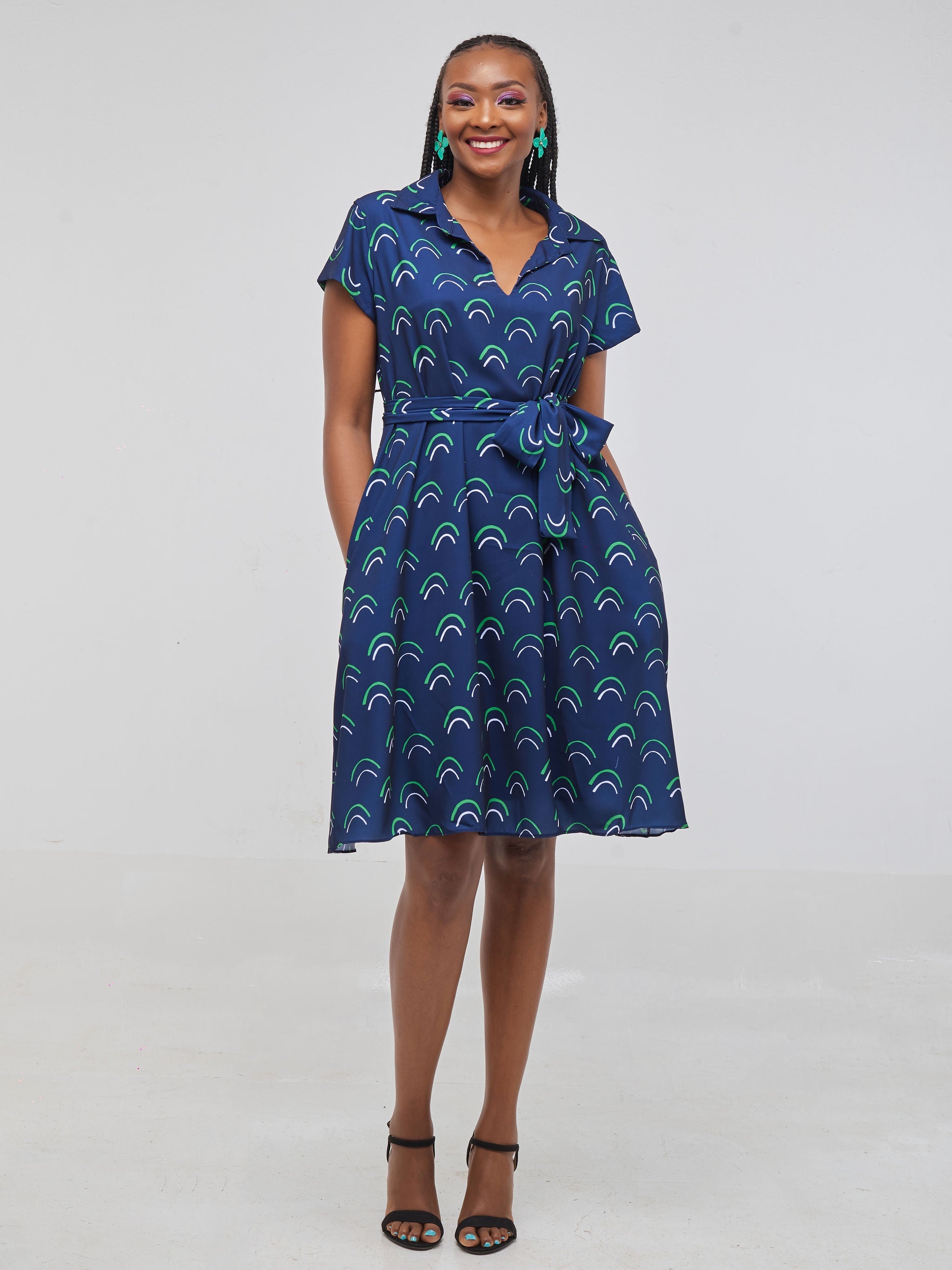 Vivo Zuri Cap Sleeve Knee Length Dress - Navy Print