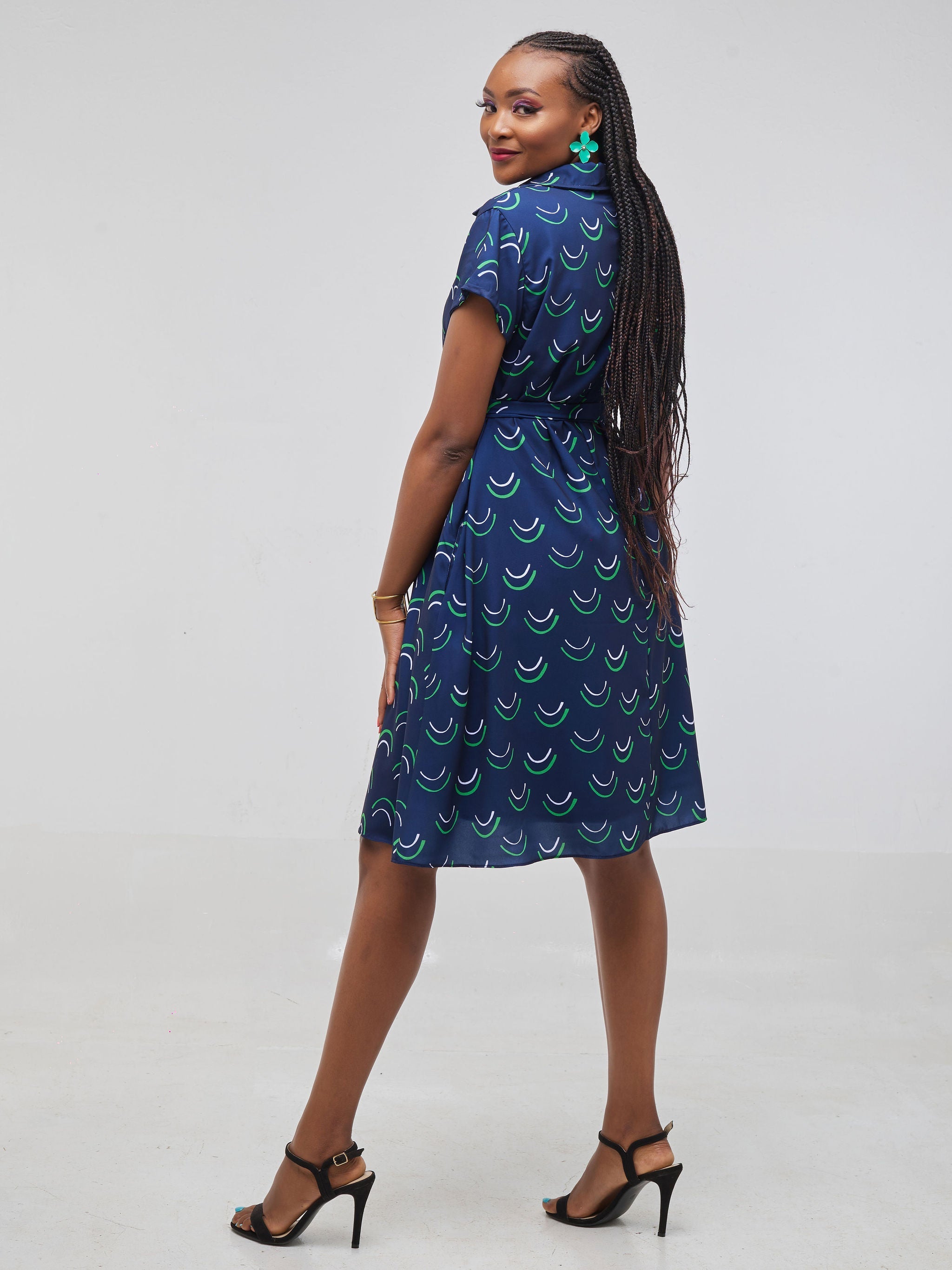 Vivo Zuri Cap Sleeve Knee Length Dress - Navy Print