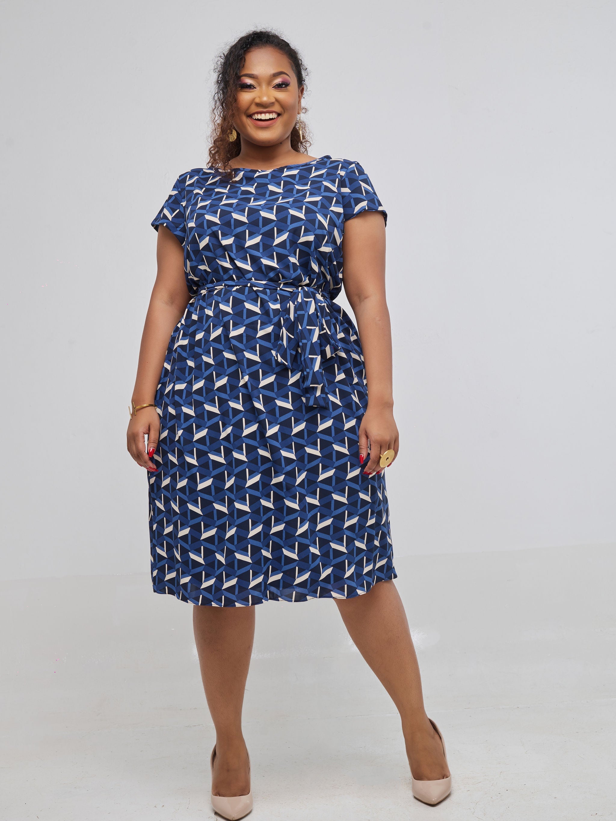 Vivo Muna Cap Sleeve Dress - Blue Print