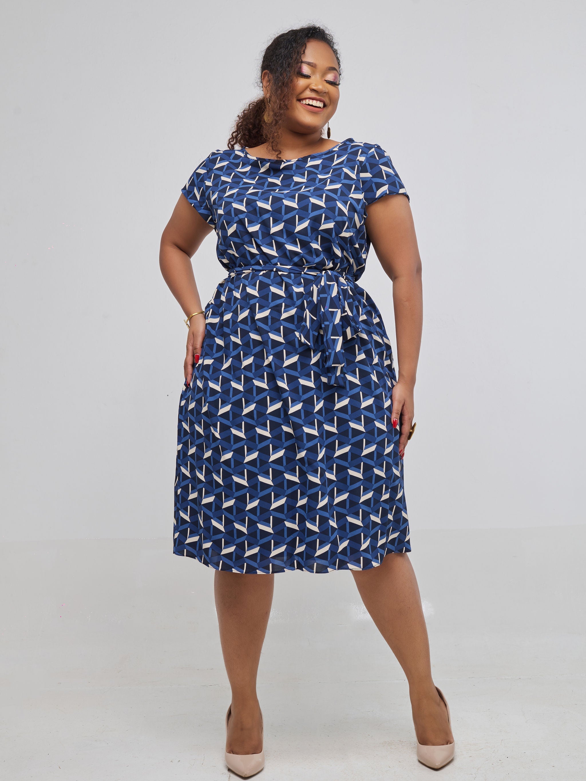 Vivo Muna Cap Sleeve Dress - Blue Print