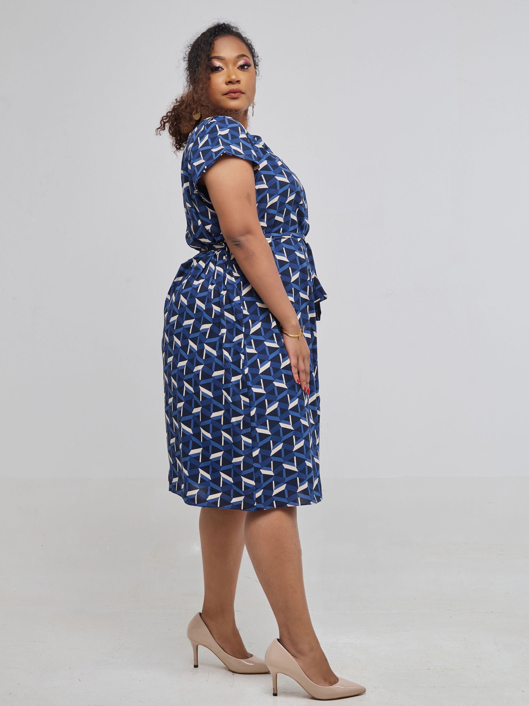 Vivo Muna Cap Sleeve Dress - Blue Print