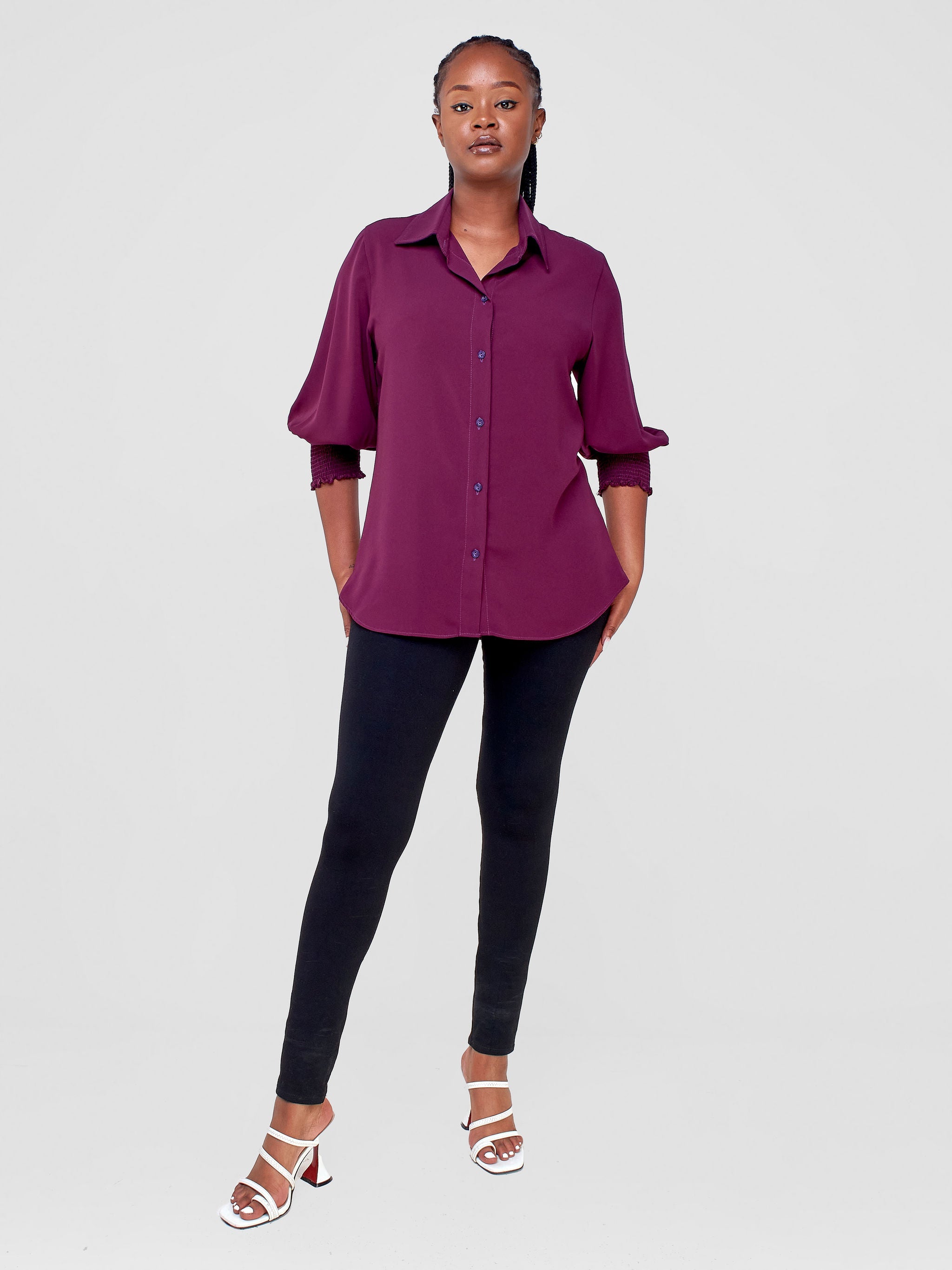 Vivo Fahari 3/4 Sleeve Shirred Shirt - Purple