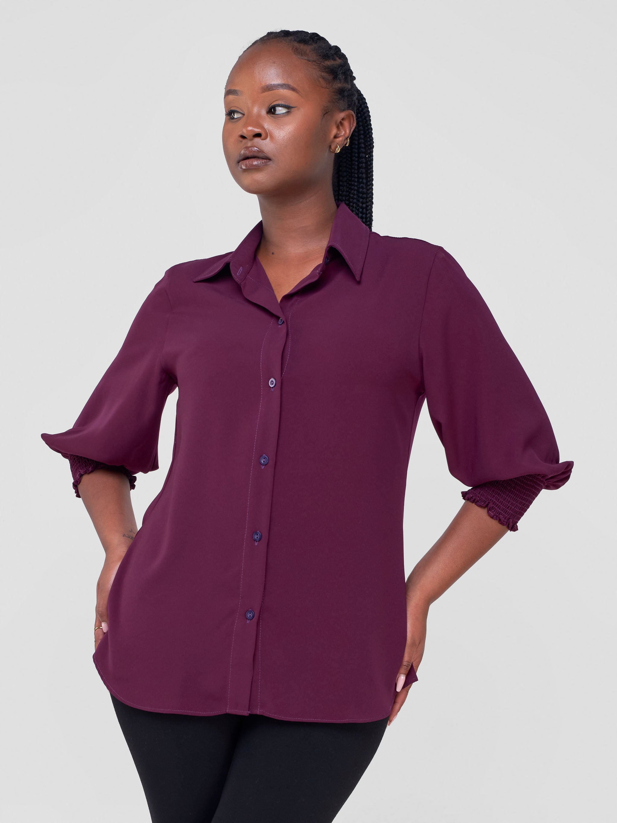 Vivo Fahari 3/4 Sleeve Shirred Shirt - Purple