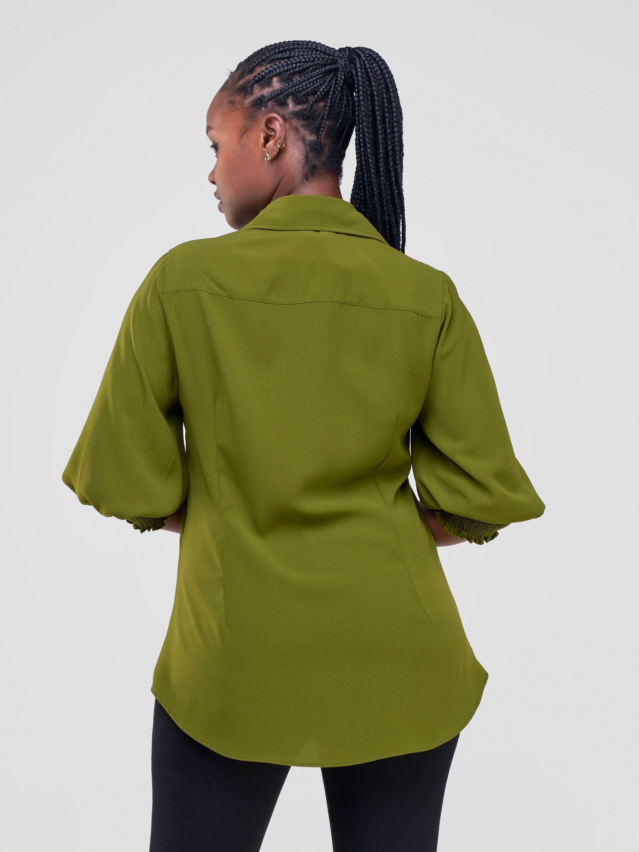 Vivo Fahari 3/4 Sleeve Shirred Shirt - Olive