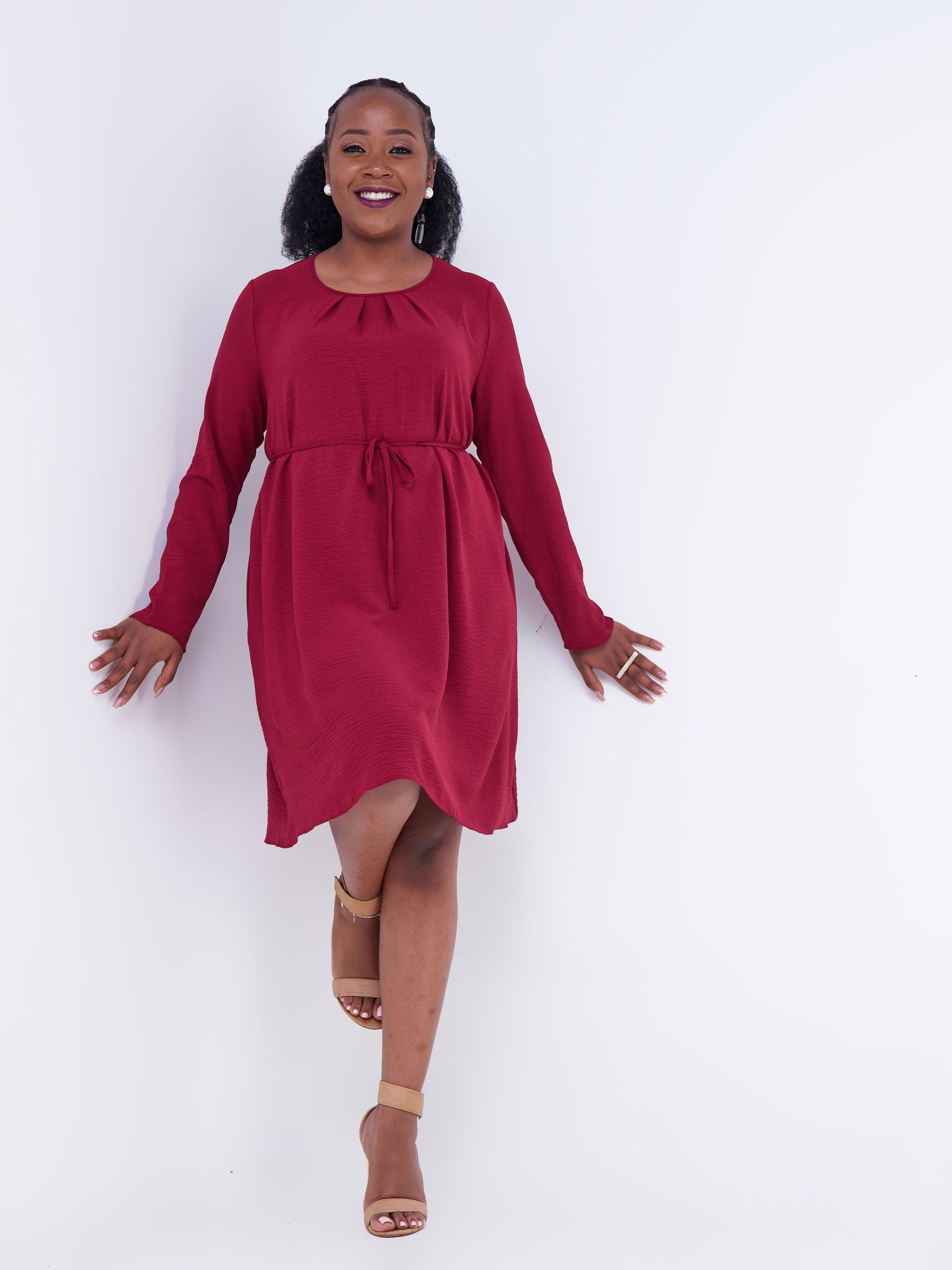 Vivo Tunu Long Sleeve Front Pleat Knee Length Dress - Maroon