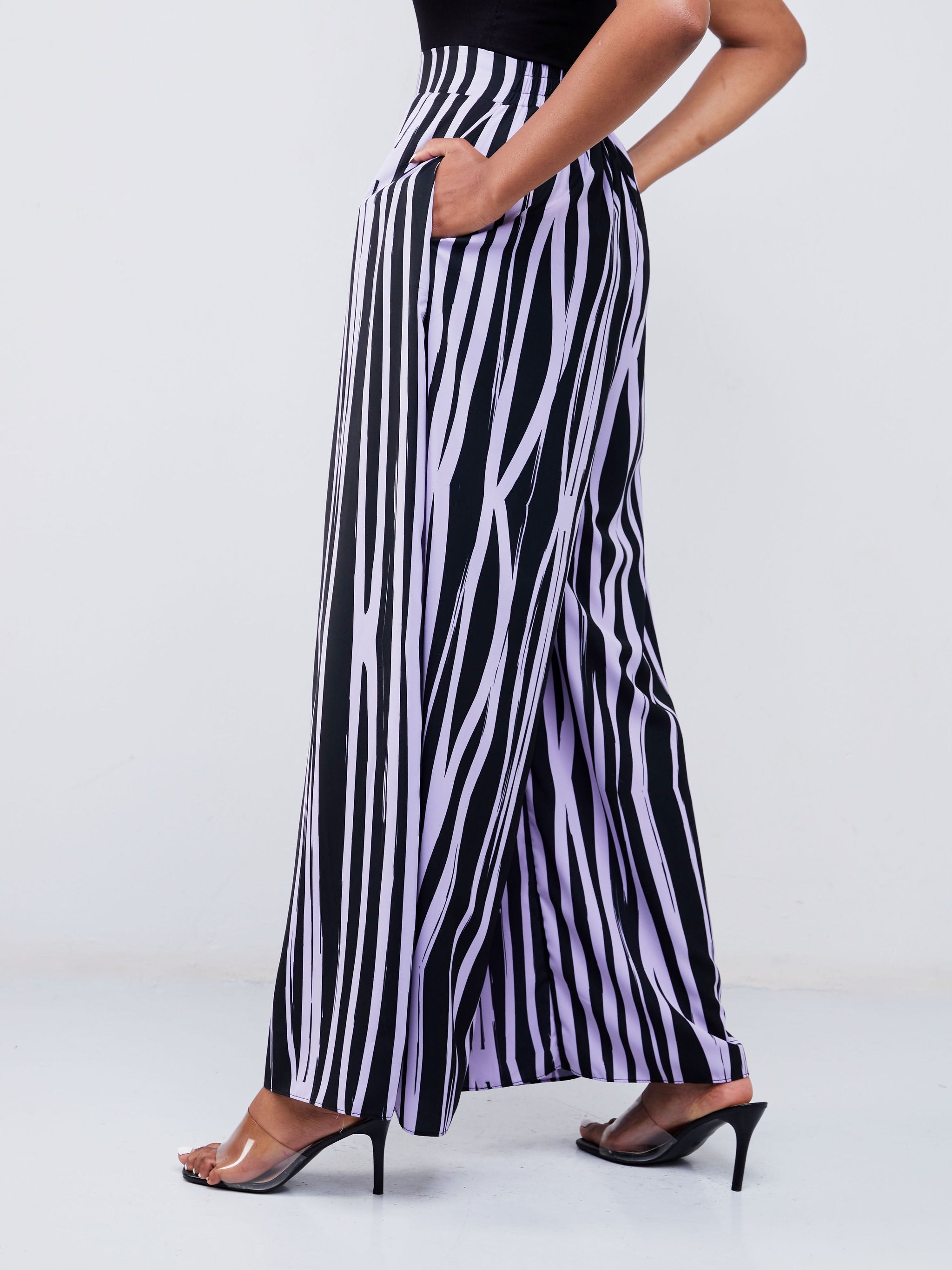 Vivo Adisa Wide Leg Pants - Lilac / Black Stripes Print