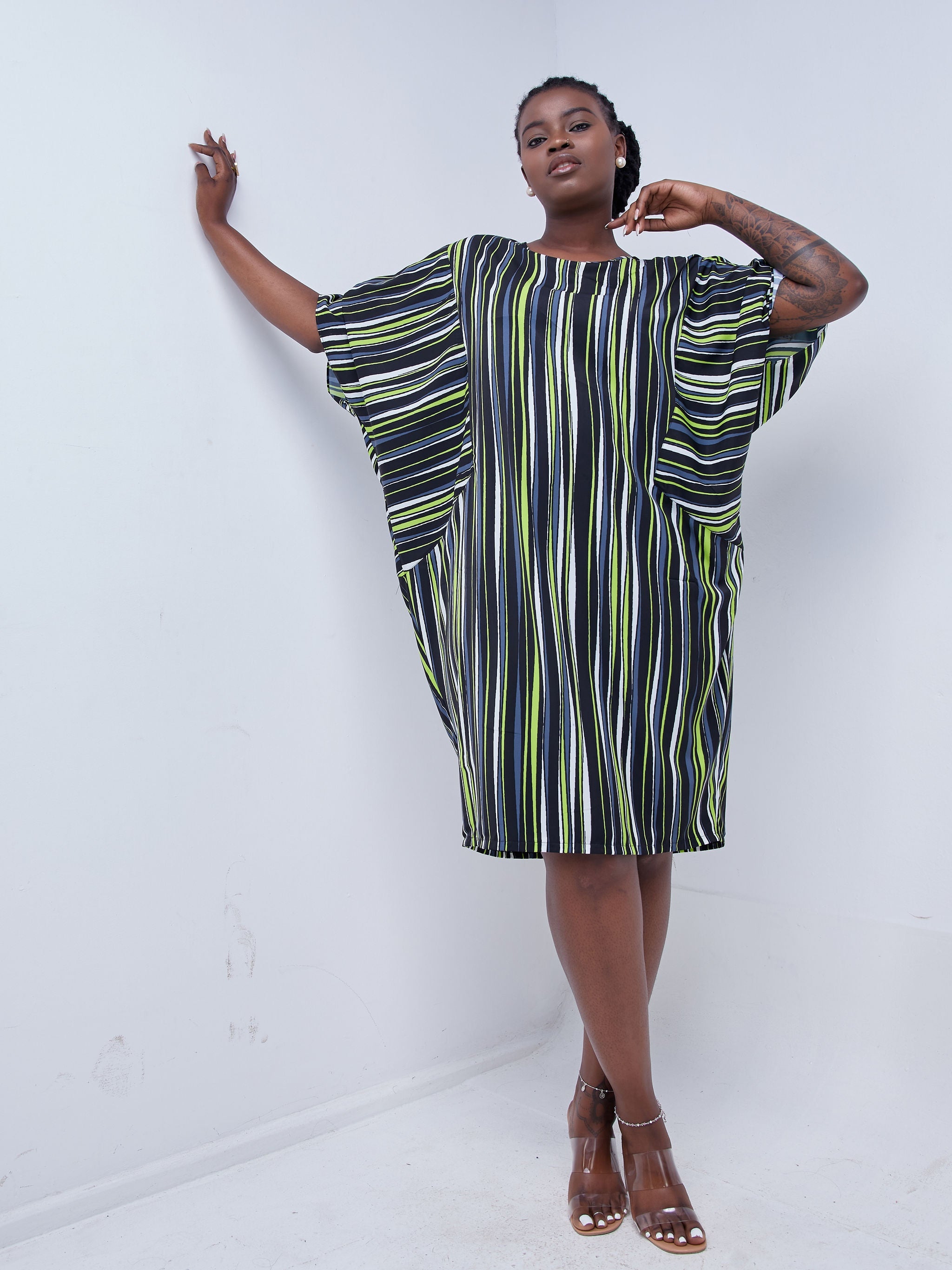 Vivo Mistari 3/4 Sleeve Panelled High Low Knee Length Dress - Lime Green / Grey Striped Print