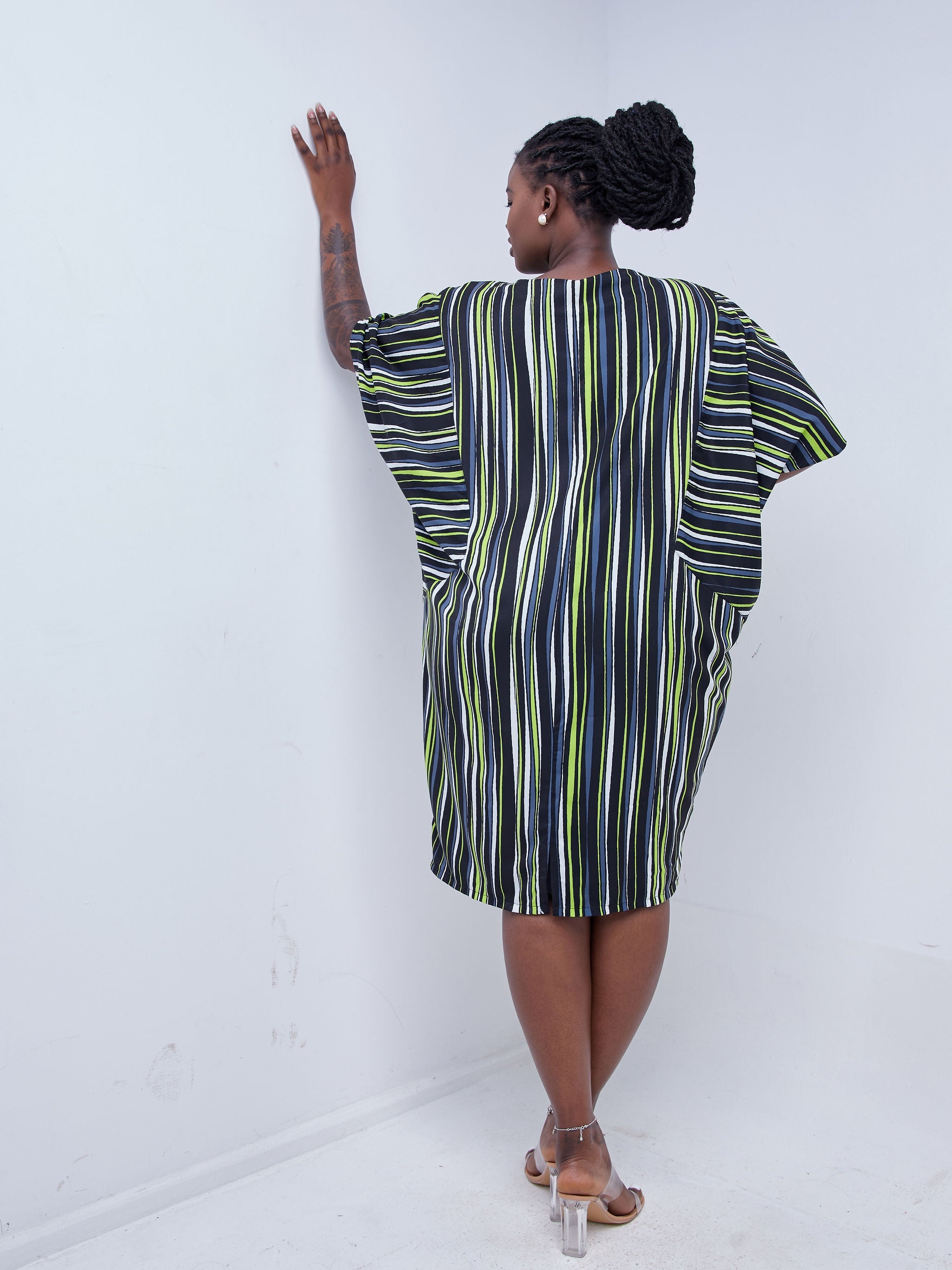 Vivo Mistari 3/4 Sleeve Panelled High Low Knee Length Dress - Lime Green / Grey Striped Print