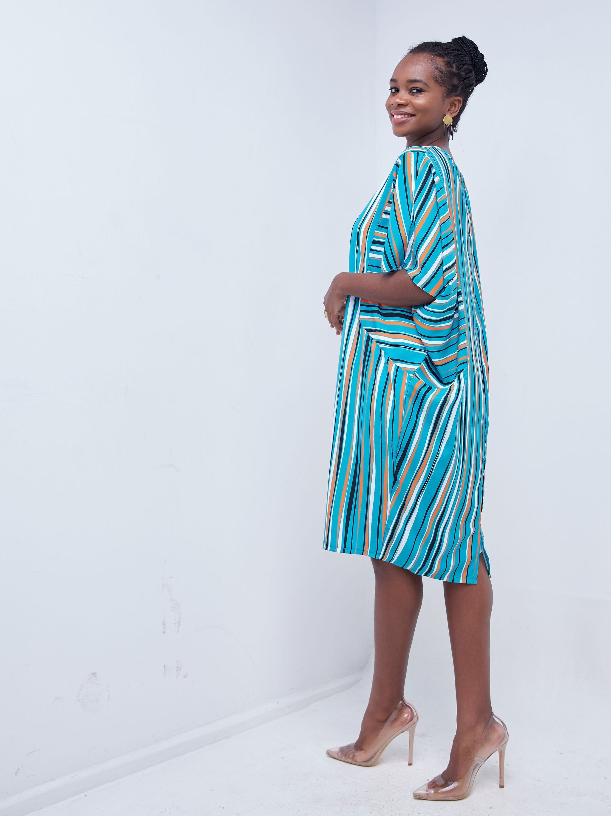 Vivo Mistari Panelled Dolman Knee Length Dress - Blue / Orange Stripe Print