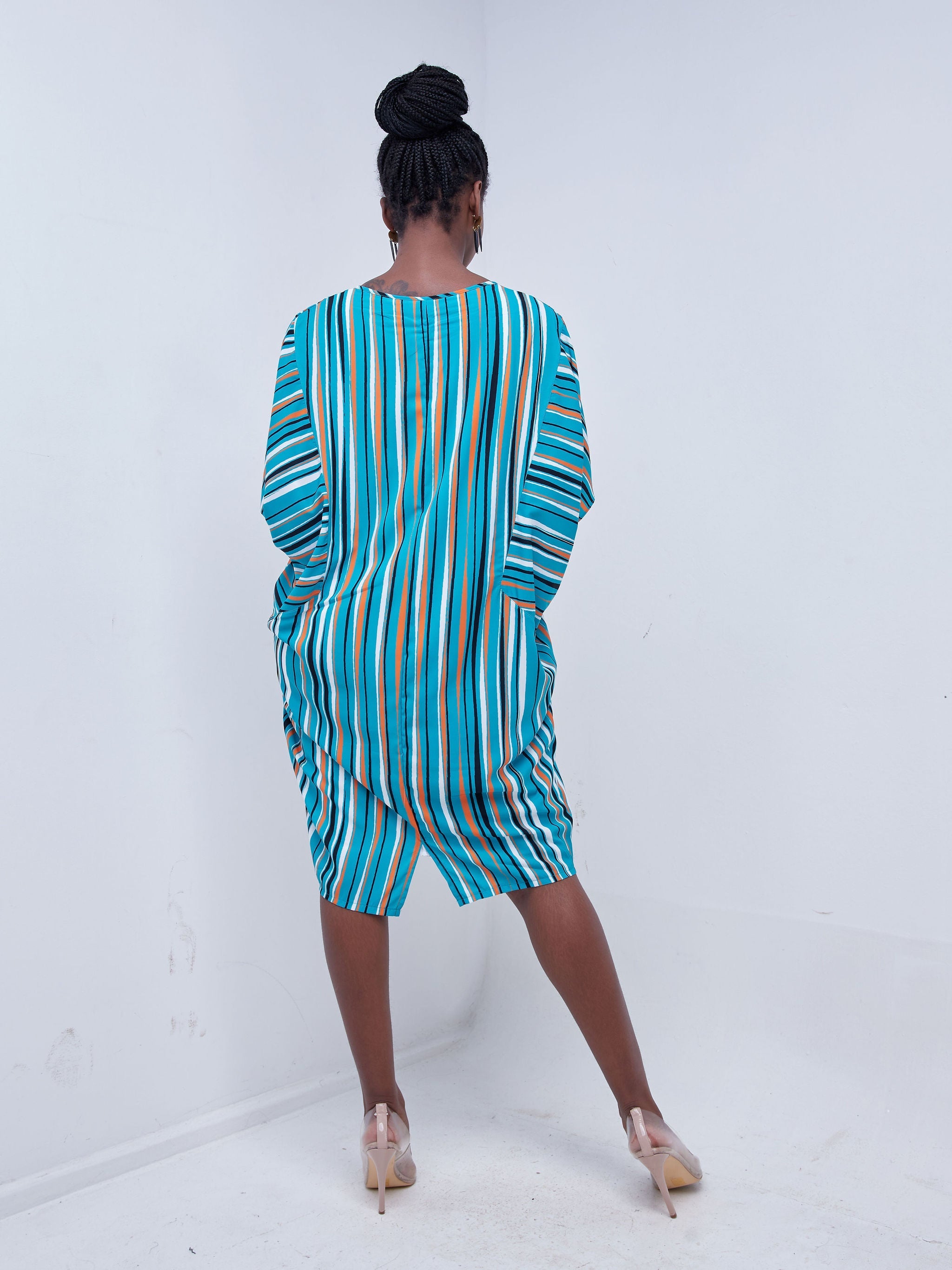 Vivo Mistari Panelled Dolman Knee Length Dress - Blue / Orange Stripe Print