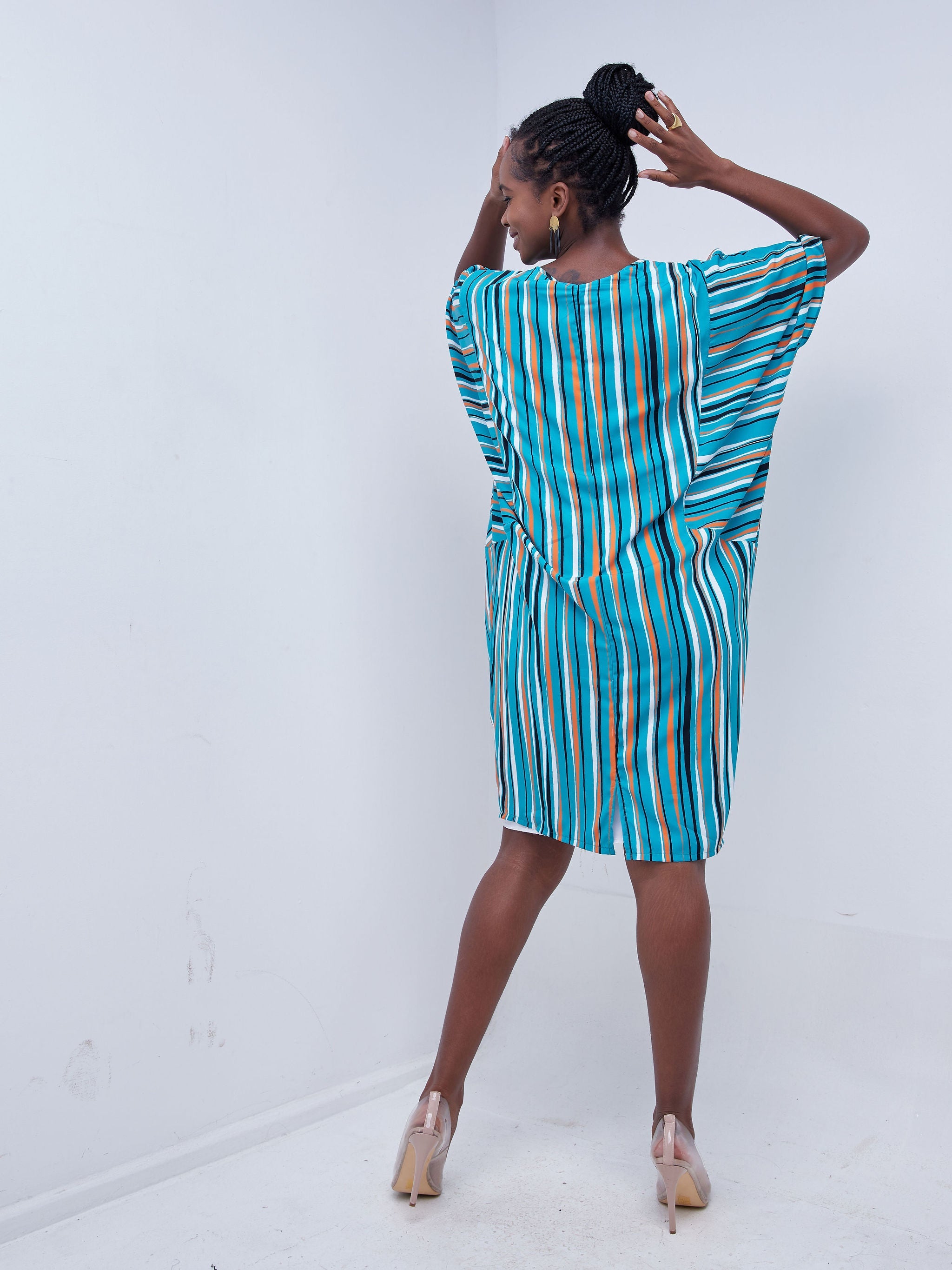 Vivo Mistari Panelled Dolman Knee Length Dress - Blue / Orange Stripe Print