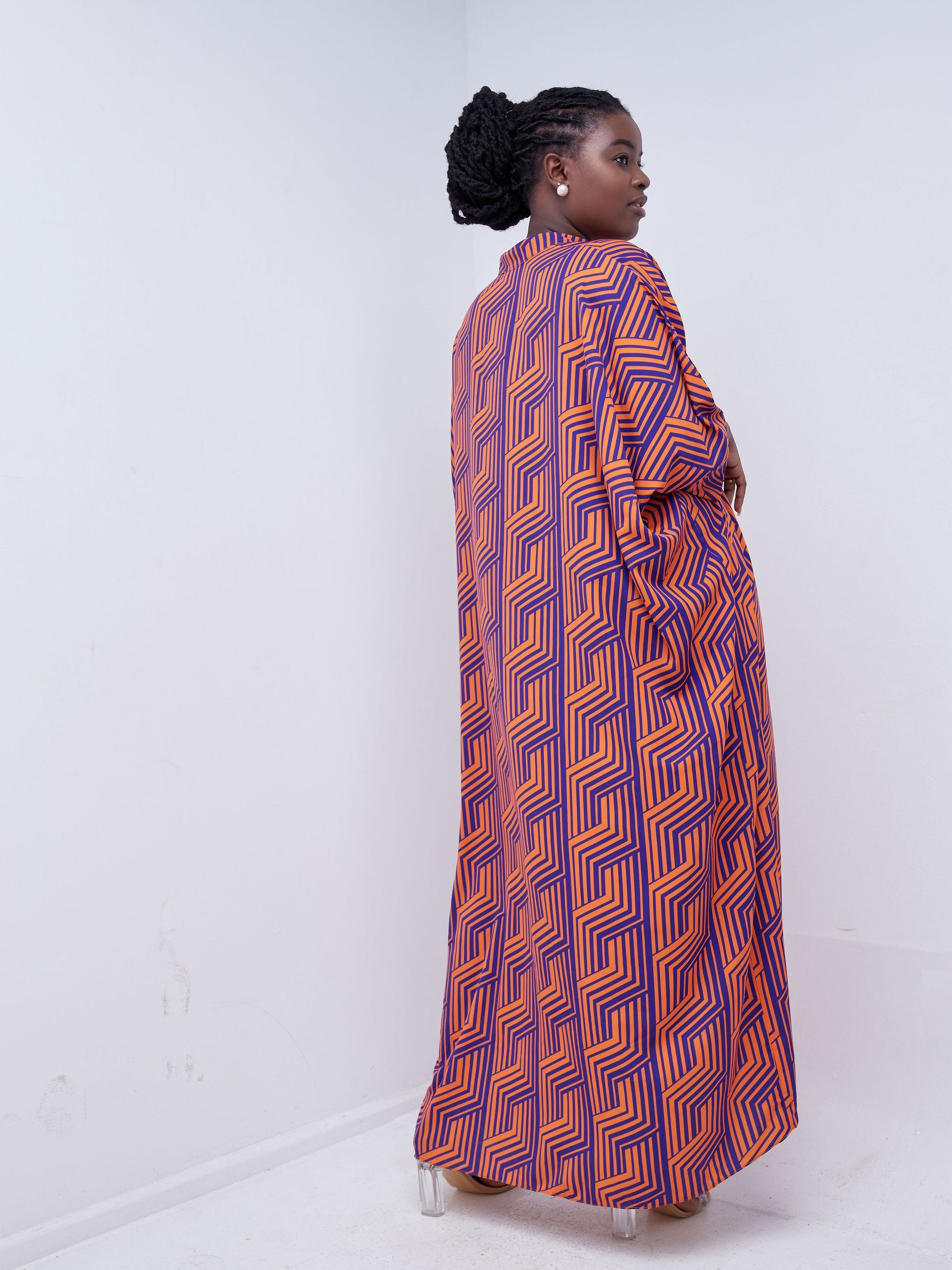 Vivo Mistari 3/4  Sleeve High Low Maxi Dress - Orange / Purple Stripe Print