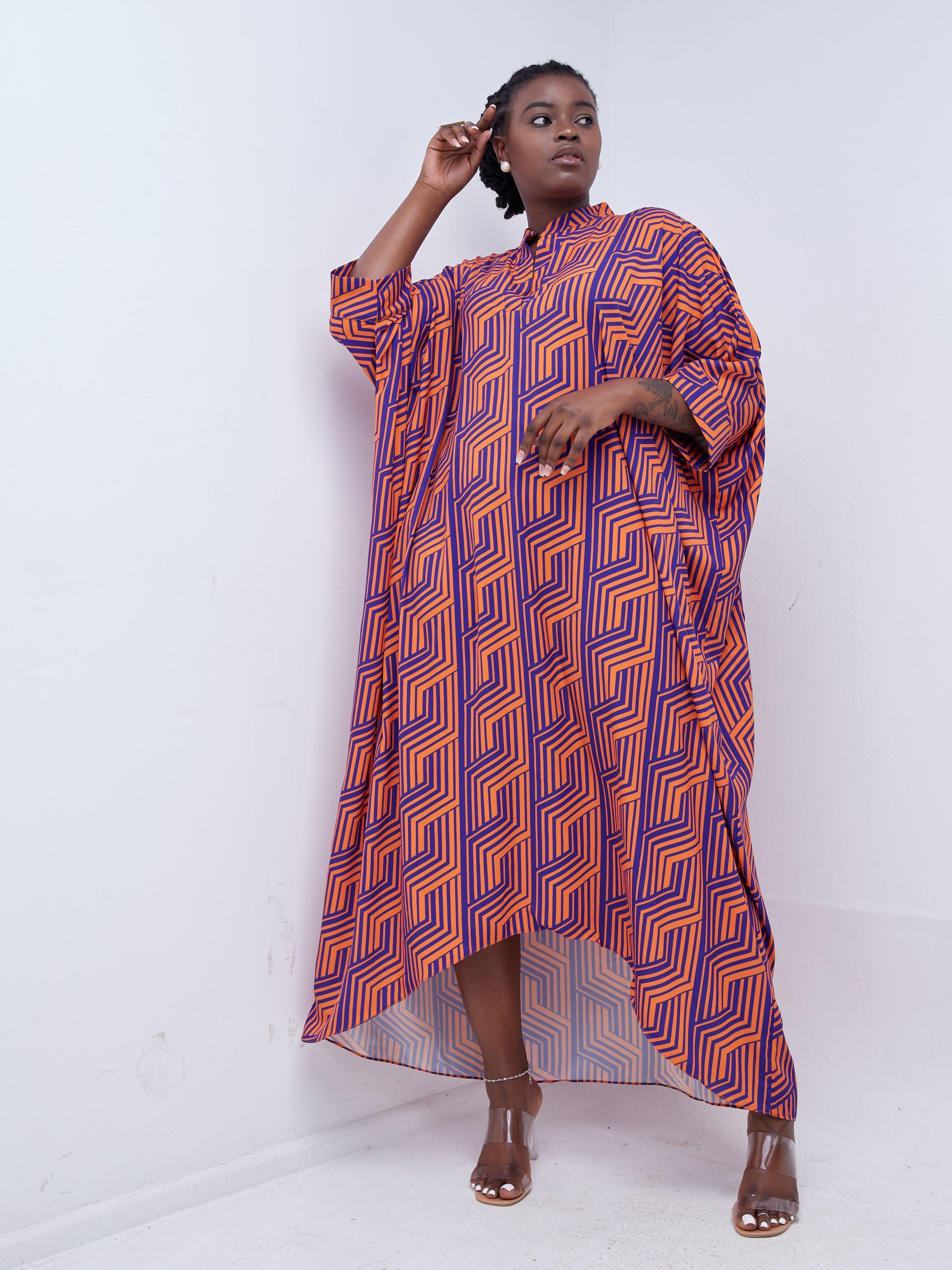 Vivo Mistari 3/4  Sleeve High Low Maxi Dress - Orange / Purple Stripe Print