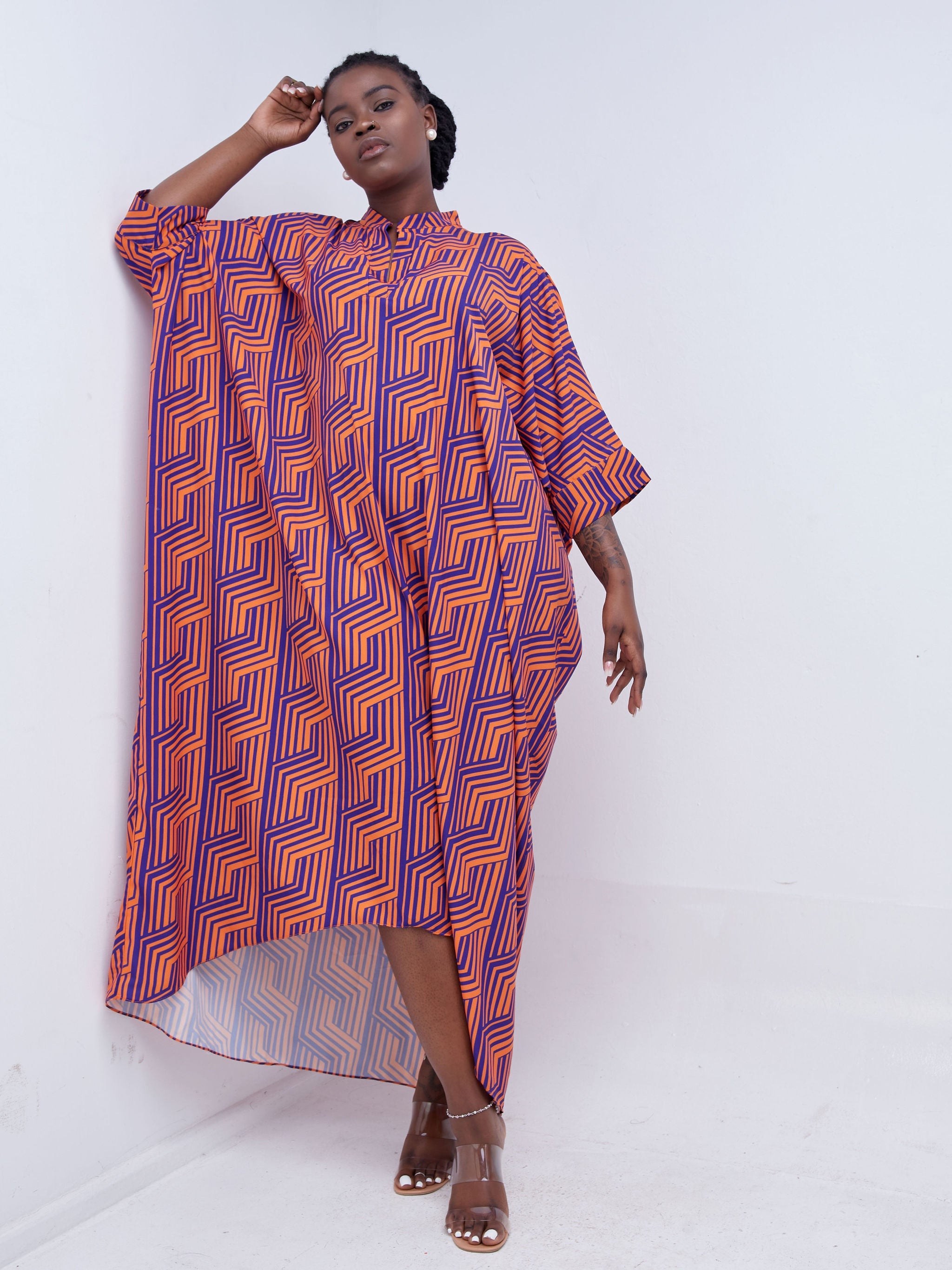 Vivo Mistari 3/4  Sleeve High Low Maxi Dress - Orange / Purple Stripe Print