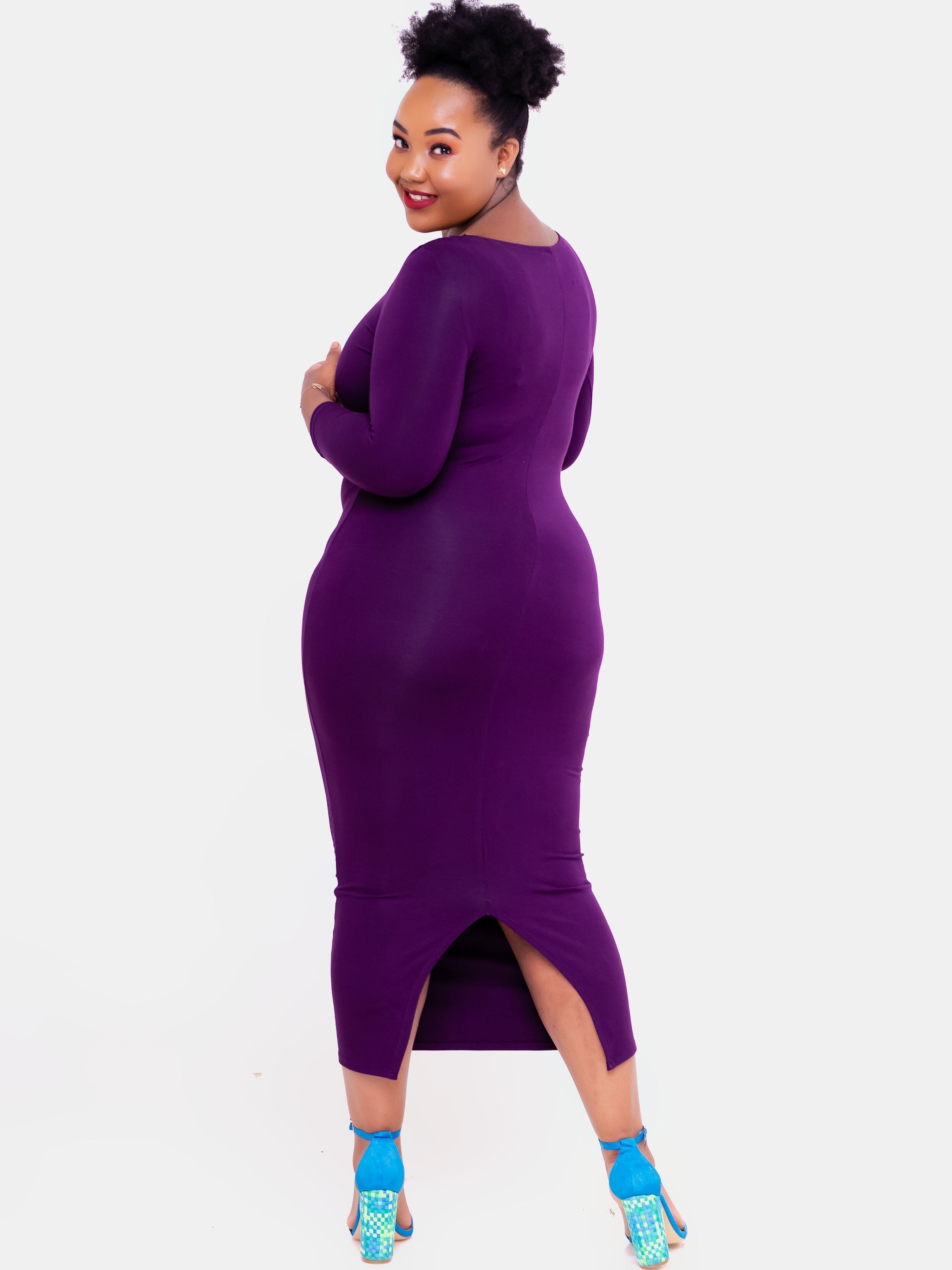 Vivo Basic 3/4 Sleeve Kim Bodycon Dress - Eggplant