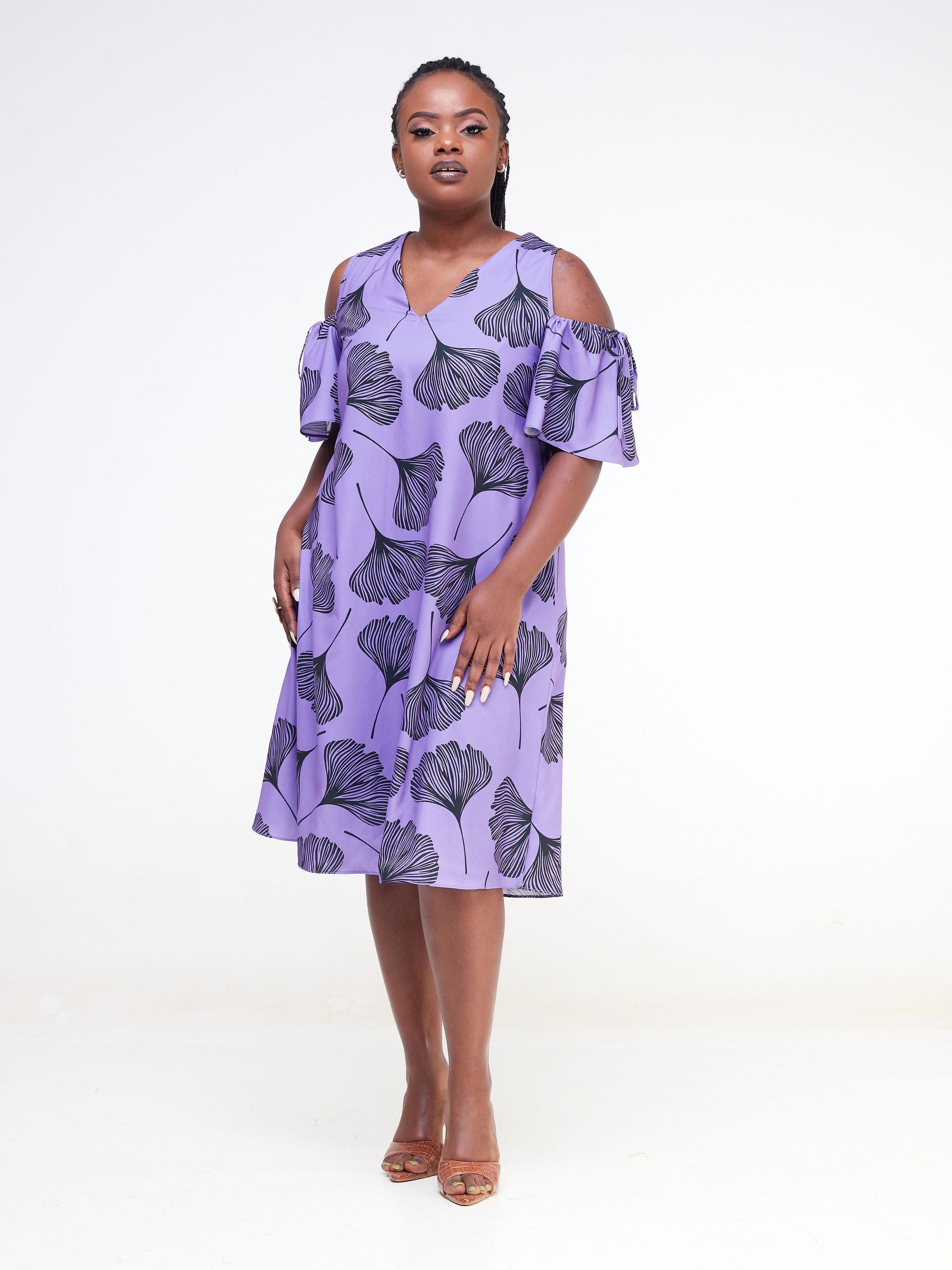 Vivo Dali Cold Shoulder Tie Knee Length Tent Dress - Lilac / Black Leaf Print