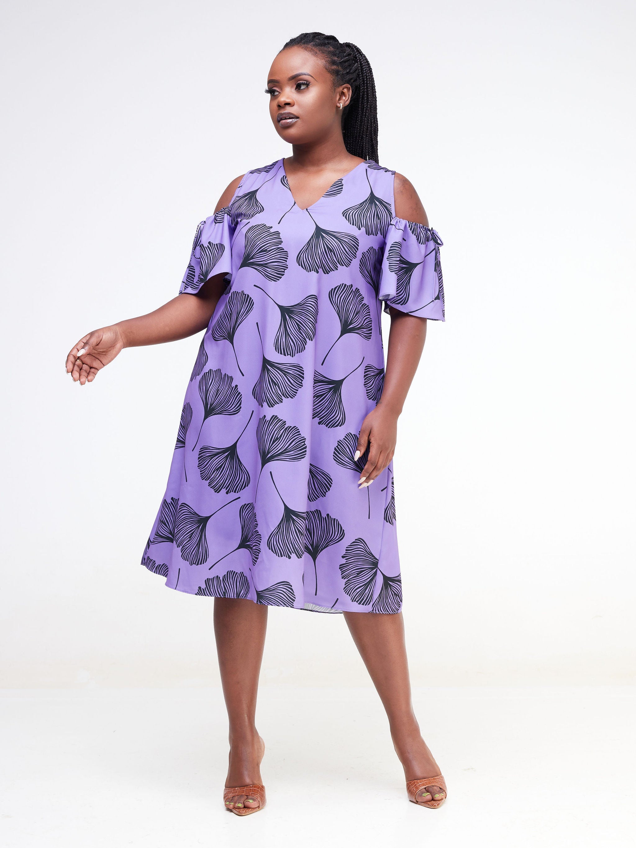 Vivo Dali Cold Shoulder Tie Knee Length Tent Dress - Lilac / Black Leaf Print