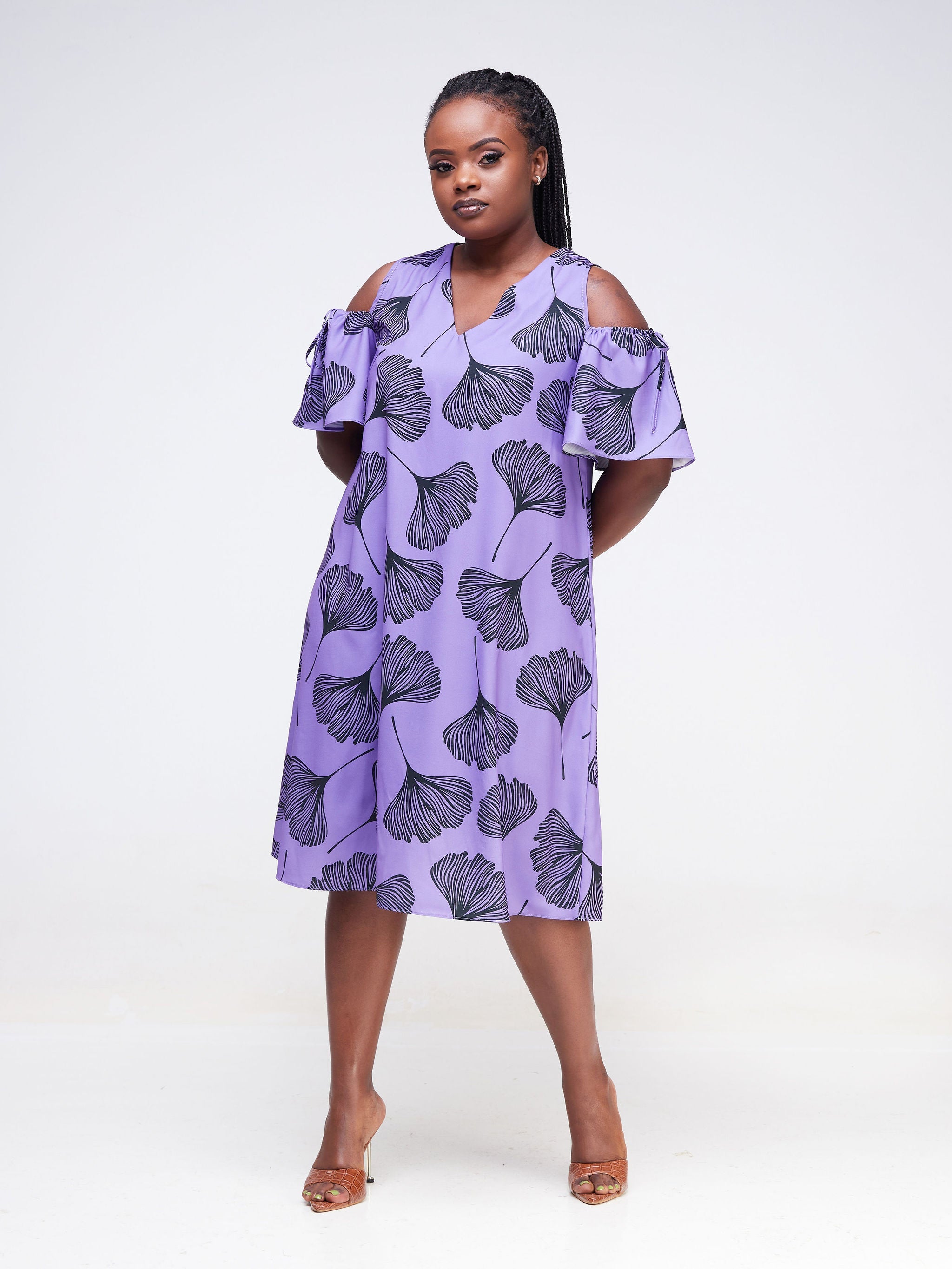 Vivo Dali Cold Shoulder Tie Knee Length Tent Dress - Lilac / Black Leaf Print