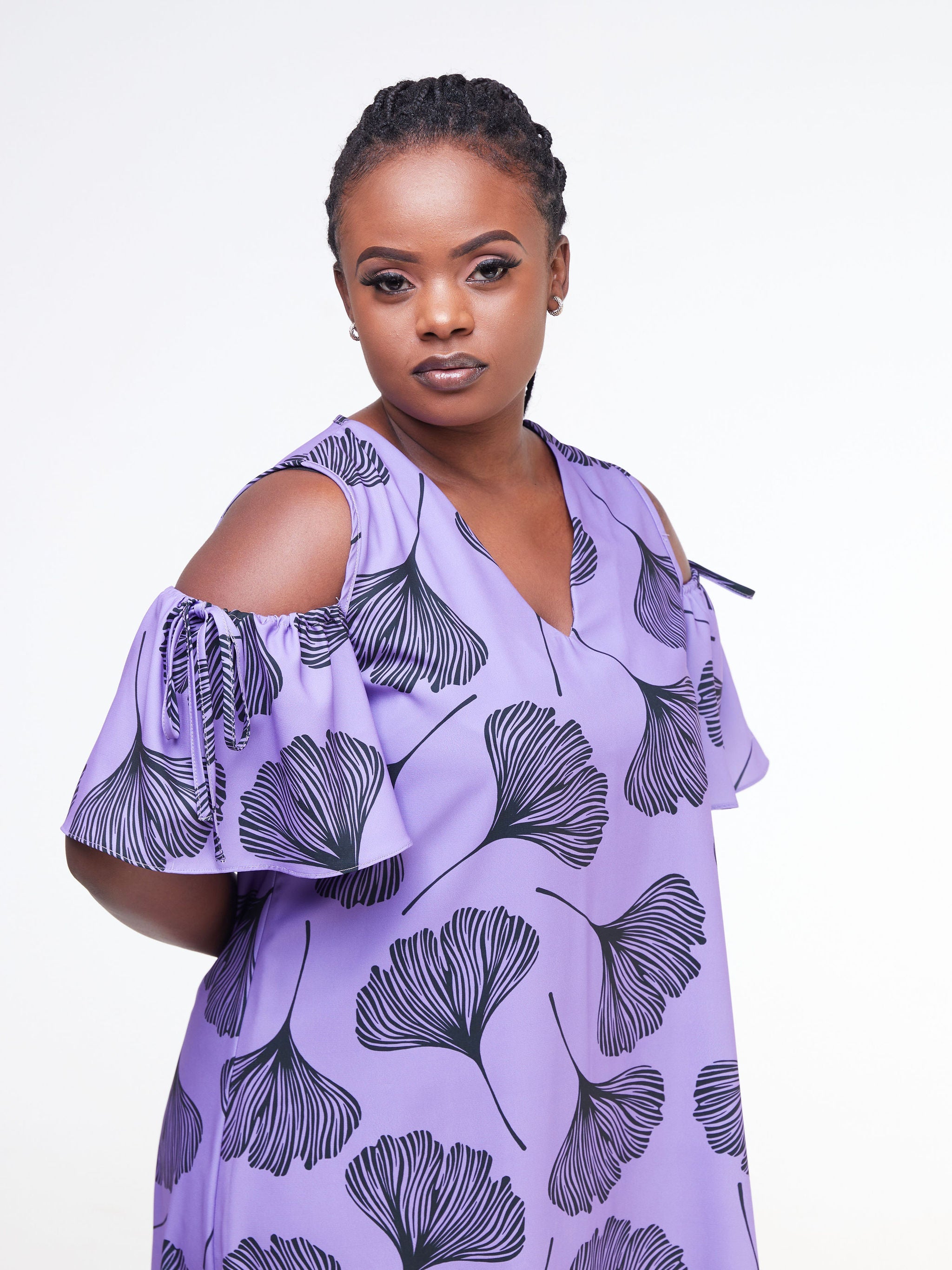 Vivo Dali Cold Shoulder Tie Knee Length Tent Dress - Lilac / Black Leaf Print