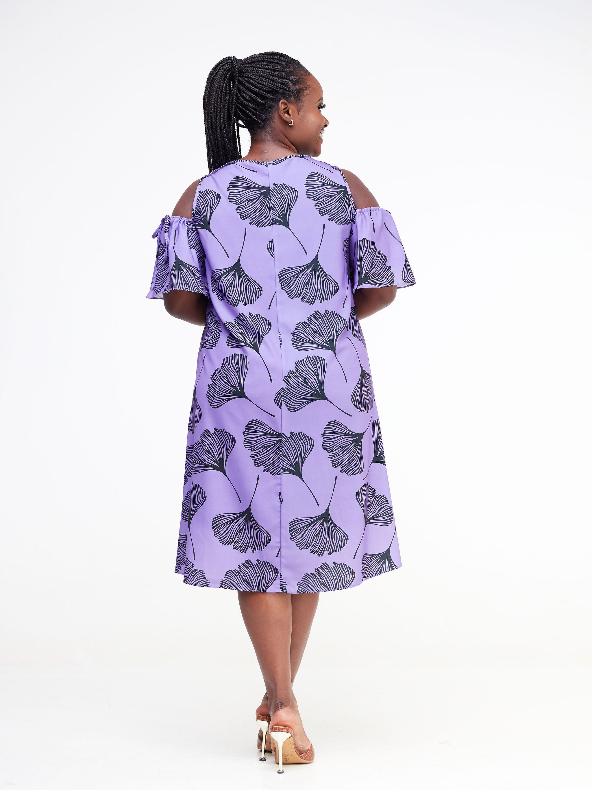 Vivo Dali Cold Shoulder Tie Knee Length Tent Dress - Lilac / Black Leaf Print